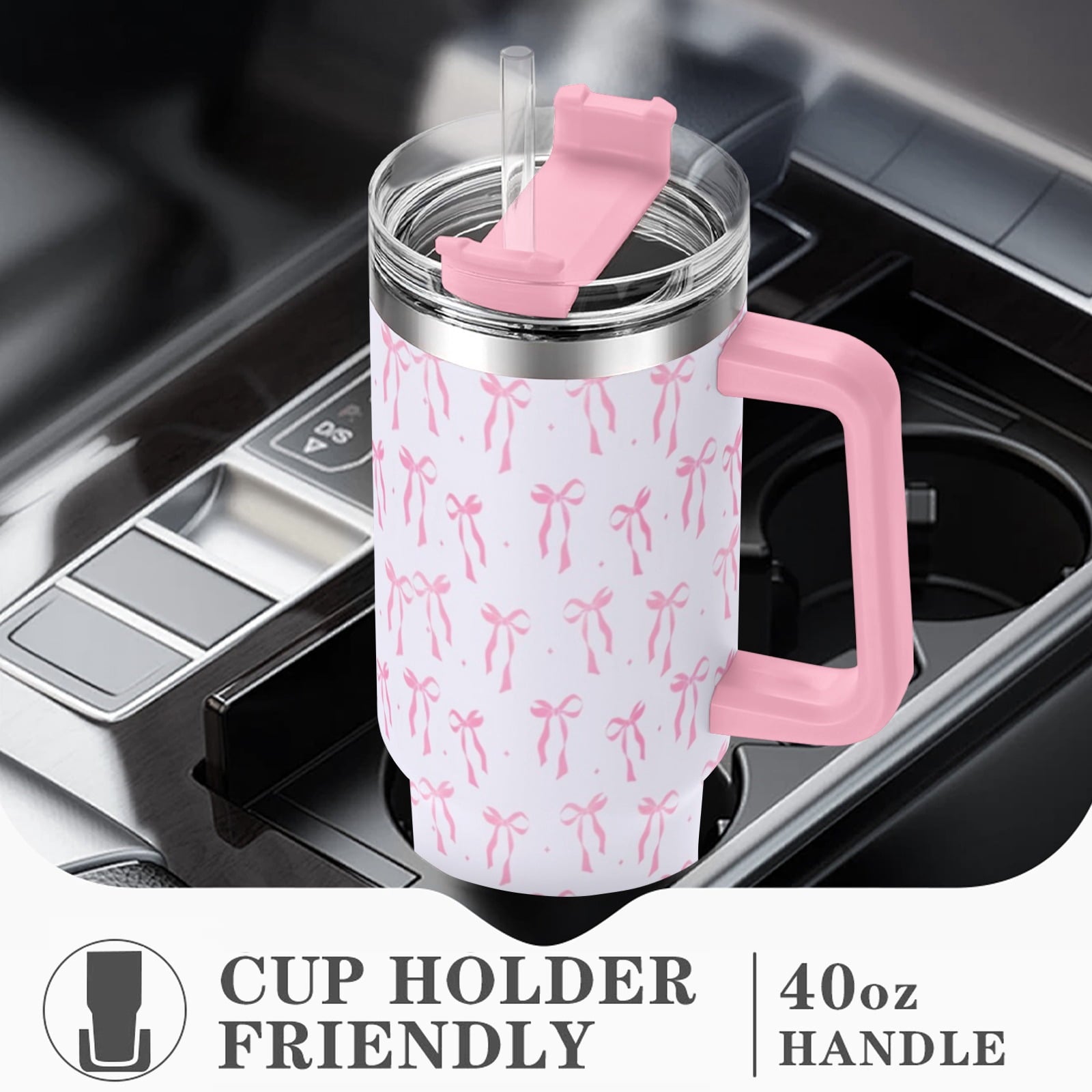 40oz Elegant Pink Bow Tumbler - Insulated Travel Mug with Handle, Reusable Straw & Leak-Proof Lid|Women's Gift for Birthday, Mother's Day, Valentine's & Holidays