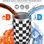 1pc Black and white grid 30oz Tumbler with Straw & Handle - Insulated Stainless Steel Cup | Holiday Gift for Man Women (Christmas, Valentine's, Birthday)