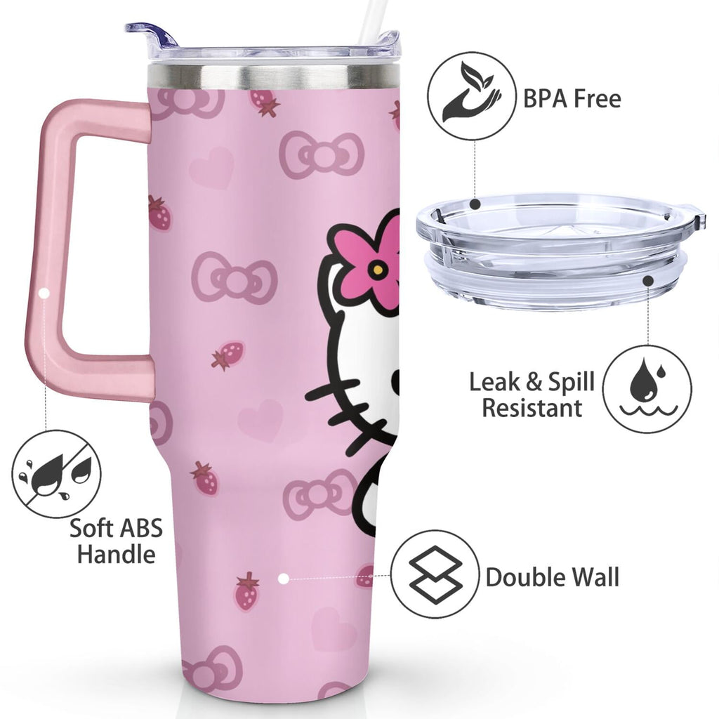 40oz Hello Kawaii Cat Cute Stainless Steel Tumbler with Lid and Straw,Spill Proof Travel Cup Double Wall Vacuum Insulated Coffee Mug with Handle Pink
