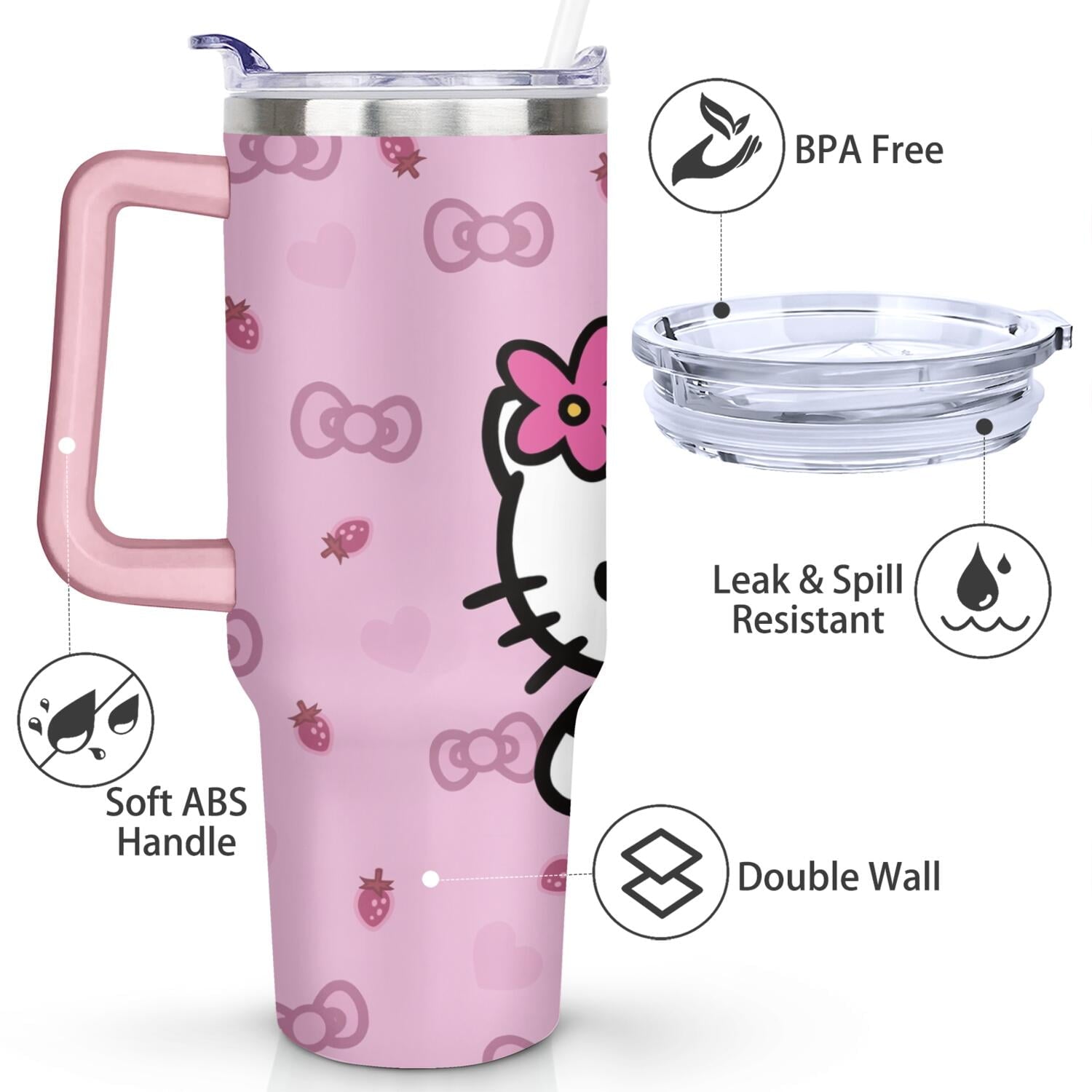 40oz Hello Kawaii Cat Cute Stainless Steel Tumbler with Lid and Straw,Spill Proof Travel Cup Double Wall Vacuum Insulated Coffee Mug with Handle Pink