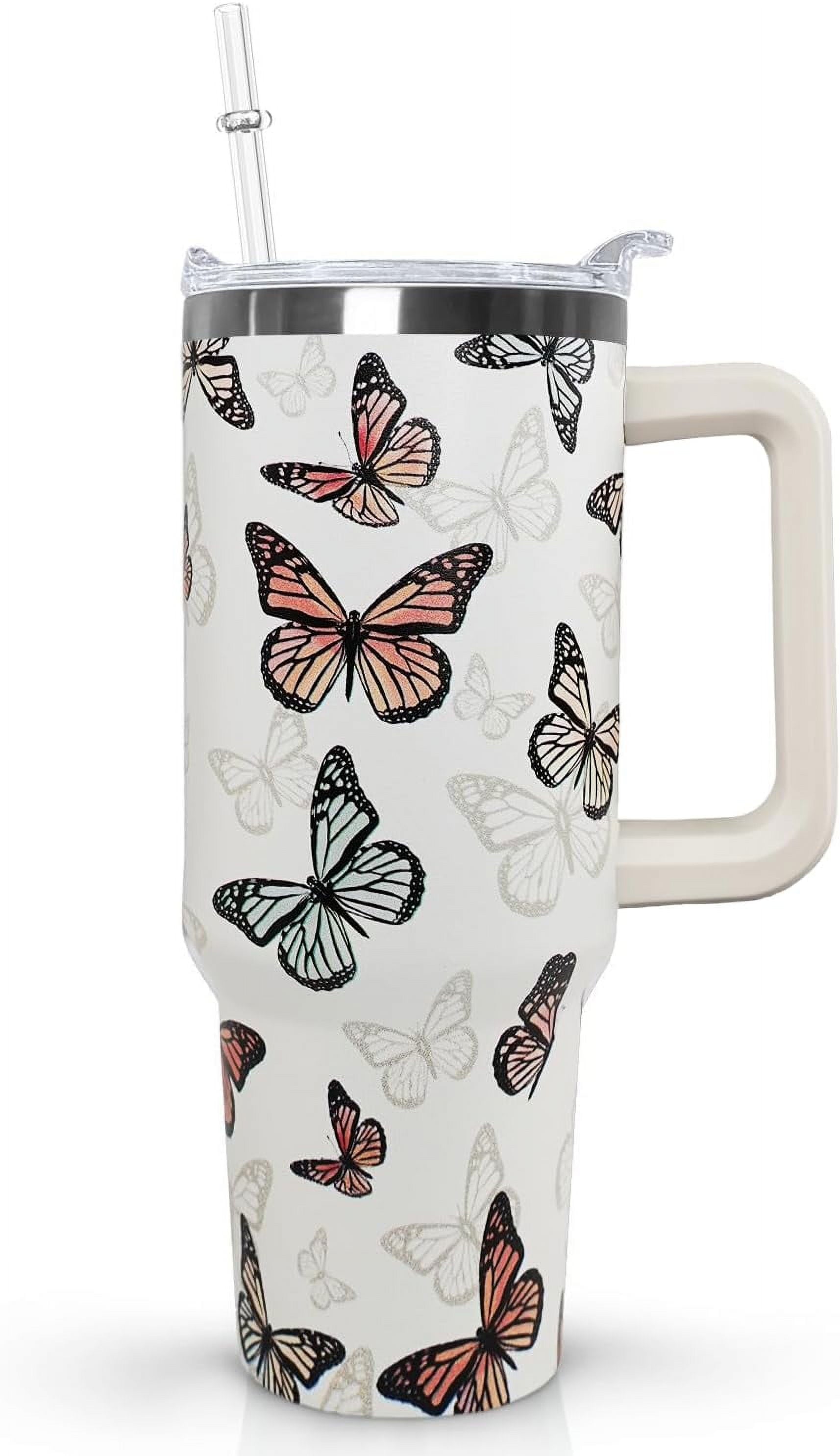 Butterfly Tumbler With Handle, Lid and Straw - 40 Oz Water Bottle, Travel Coffee Cup Mug - Gifts for Women, Mom, Daughter, Girlfriend, Teenage Girls, Bridesmaid