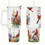 Cardinal Bird Floral Insulated Tumbler with Lid and Straw, Stainless Steel Travel Mug with Handle, Wildflower Spring Art Design