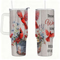 Cardinal Insulated Tumbler with Lid and Straw, Stainless Steel Travel Mug with Handle, Floral Rustic Cardinal Cup, Double Wall Hot Cold Drink Tumbler, Gift for Women & Nature Lovers