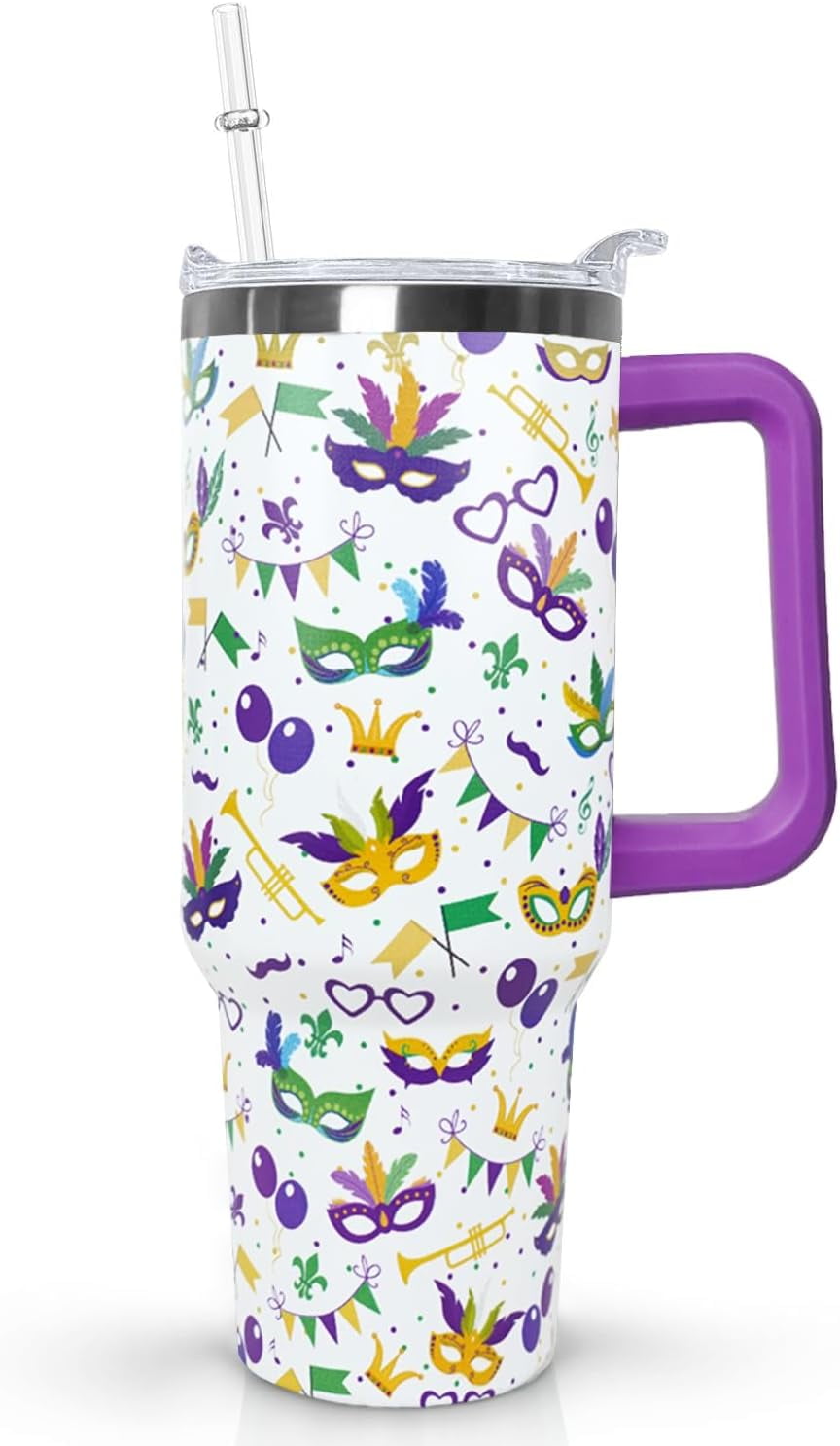 Ceovfoi 40 Oz Mardi Gras Tumbler with Lid and Straw,40 Oz Mardi Gras Coffee Mugs Water Bottles Wine Drinking GlassesTumbler with Straws,Margi Gras Decor,Margi Gras Gifts for Women