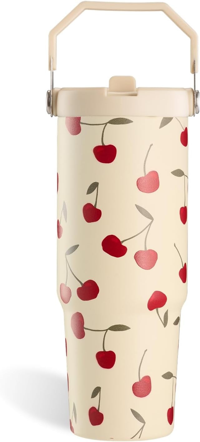 Cherry Tumbler, Cherry Gifts for Women 30 oz Tumbler with Handle and Flip Straw Stainless Steel Insulated Cup Travel Mug Water Bottle