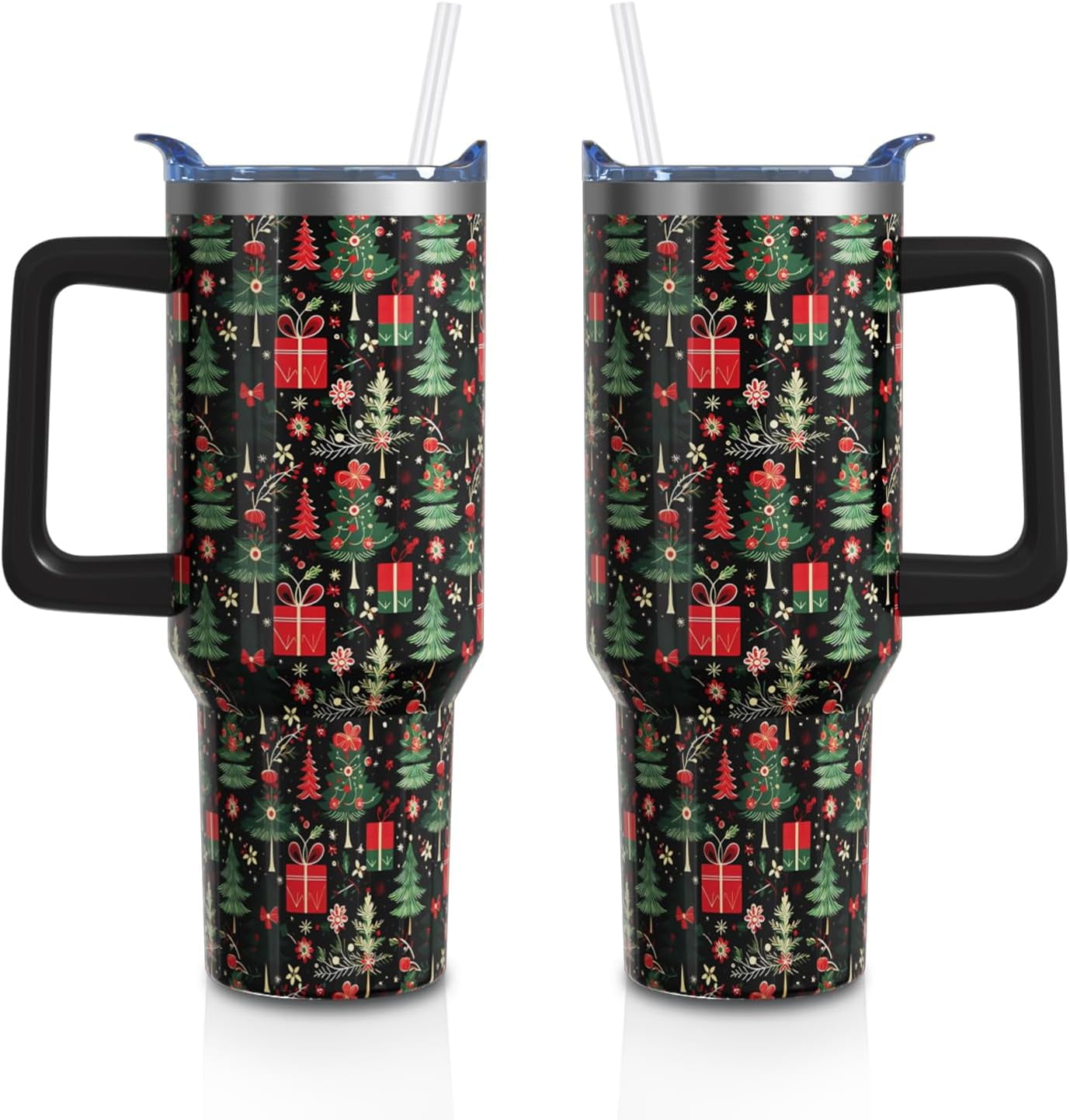 Christmas Gifts 40 Oz Tumbler with Handle and Straw, Green Xmas Tree Stainless Steel Insulated Cup Water Bottle, Retro Holiday Gifts for Women Men (1PC)
