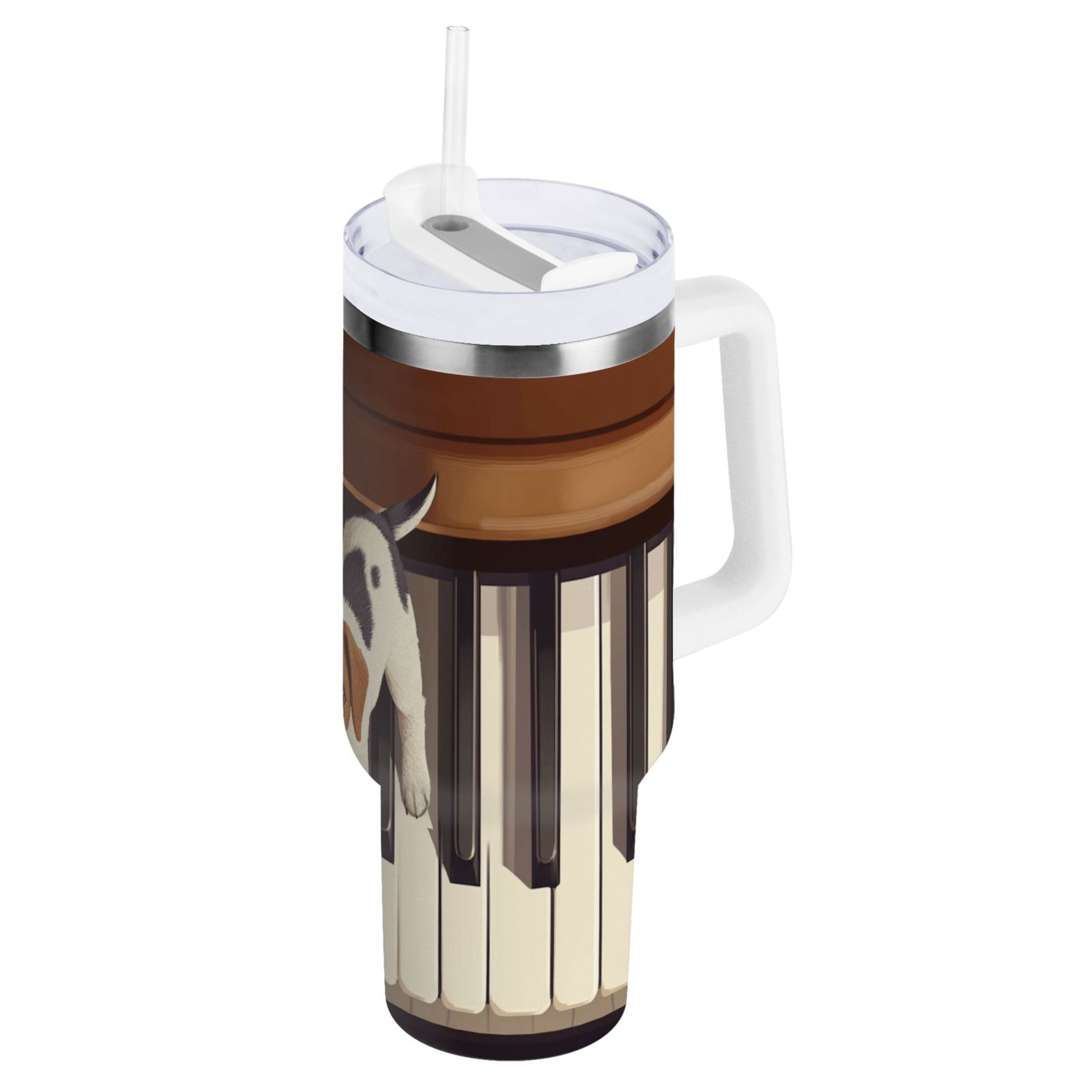 Cute Dog on Piano Tumbler with Handle and Straw Lid 30 oz Insulated Vacuum Water Bottle Stainless Steel Travel Cup