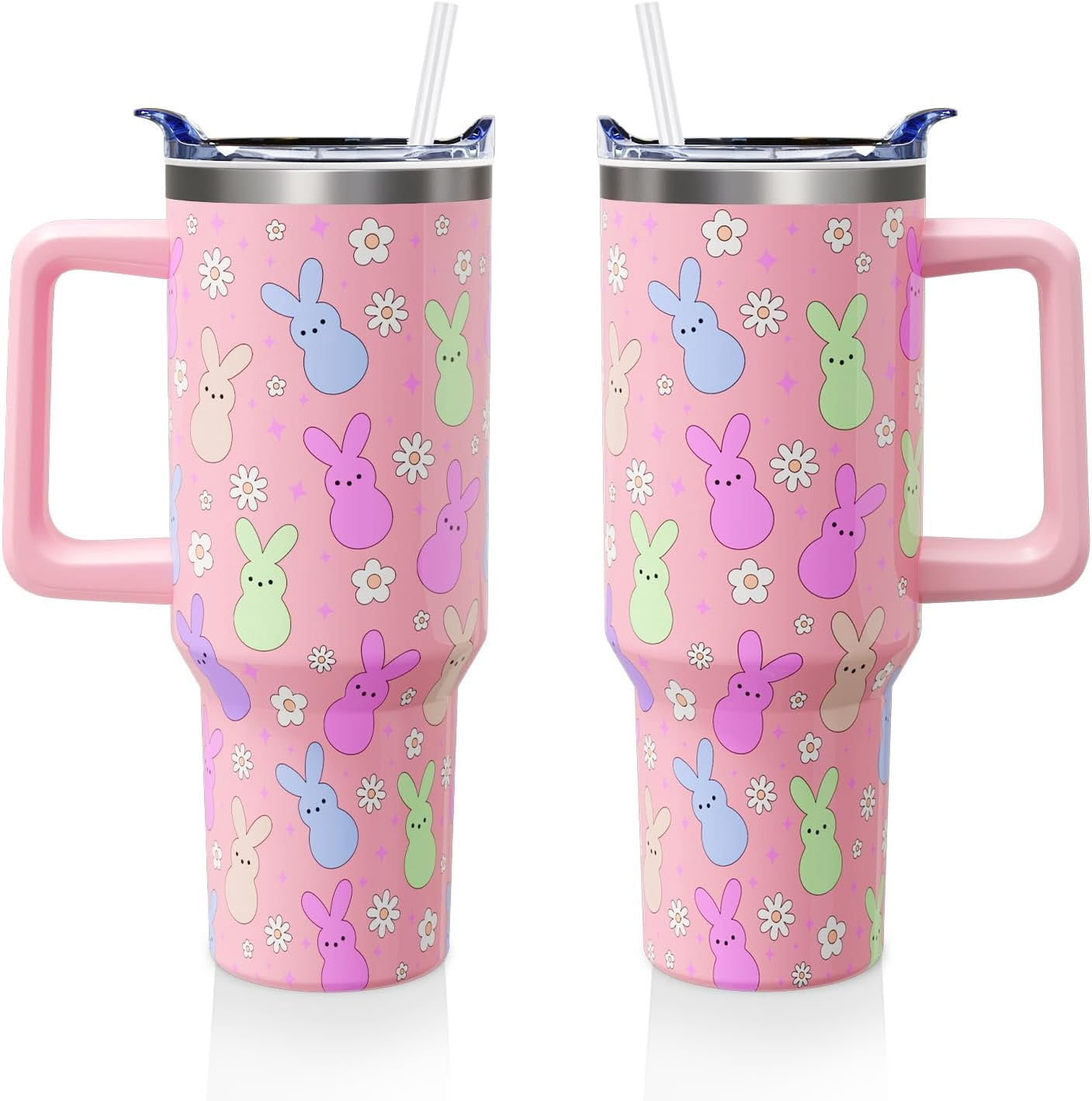 Easter Day Gifts 40oz Tumbler with Handle and Straw, Cute Bunnies Buddies Spring Stainless Steel Insulated Cup, Colorful Holiday Bunny Water Bottle Gifts for Women Men (1PC)