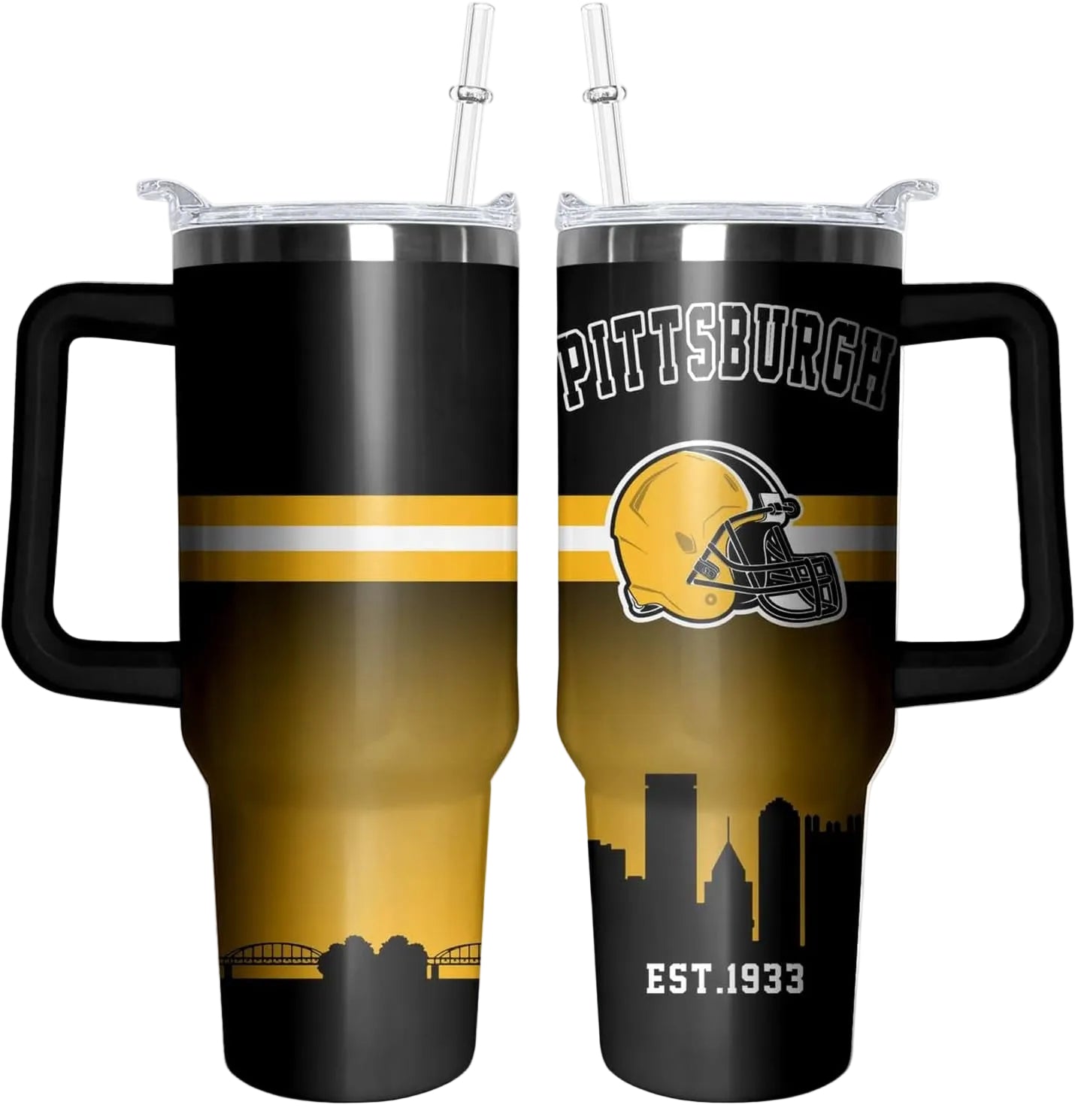 Football 40 OZ Pittsburgh Tumbler with Handle and Straw for Football Fans Gifts Football City Travel Mug Tumbler Cup for Men Women Keeps Drinks Cold & Hot