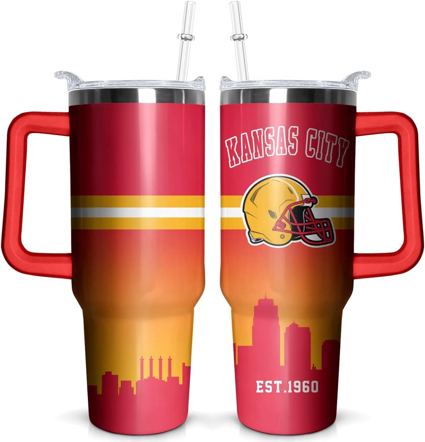 Football 40 OZ Pittsburgh Tumbler with Handle and Straw for Football - Insulated Travel Coffee Mug