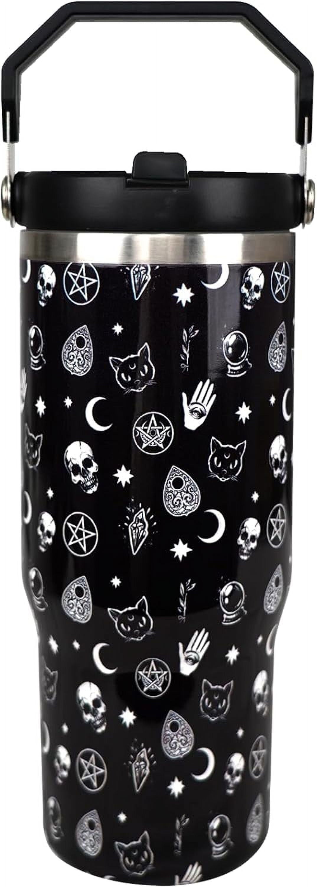 Gothic 30 oz Tumbler with Handle and Flip Straw，Stainless Steel Double Wall Insulated Travel Bottle with Top Handle Lid, Spill-Proof Tumbler with Straw and Handle for Men Women