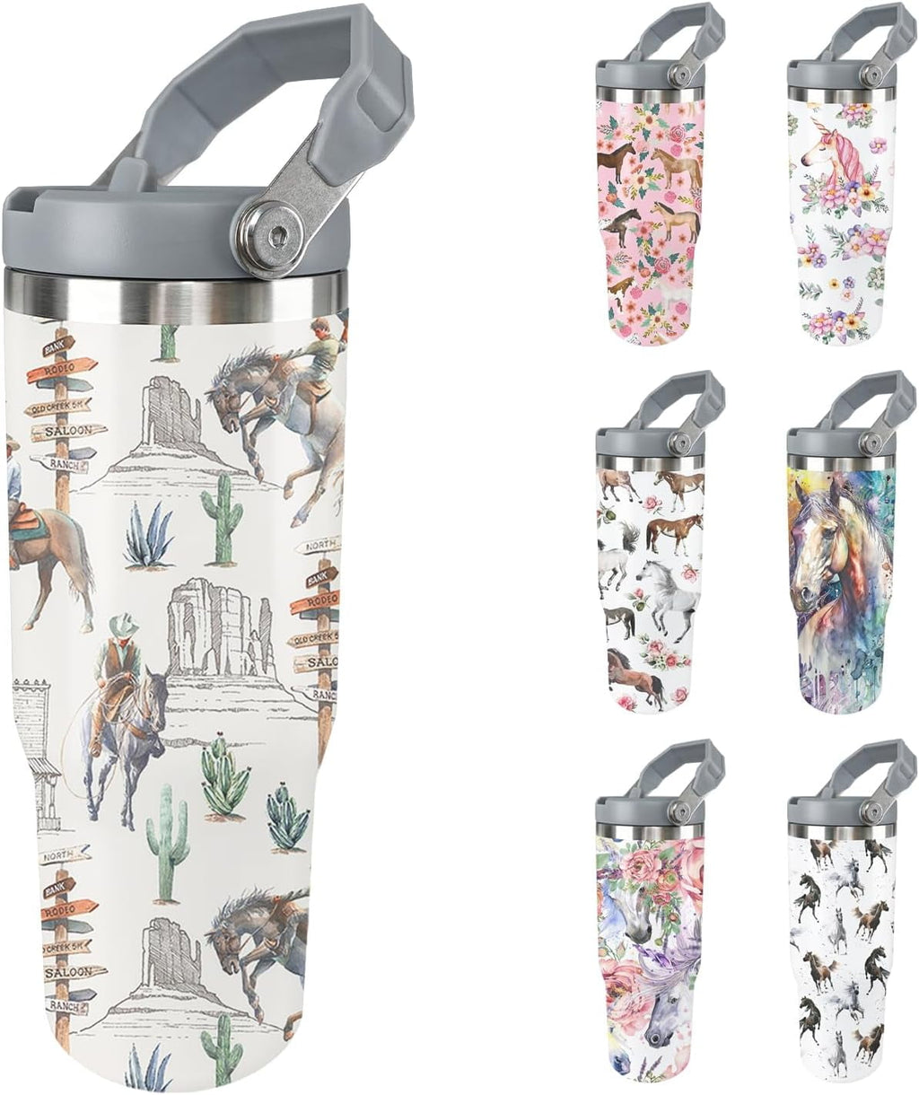 Horse Tumbler with Lid and Straw Stainless Steel Tumblers 30 Oz - Leakproof Insulated Water Bottle