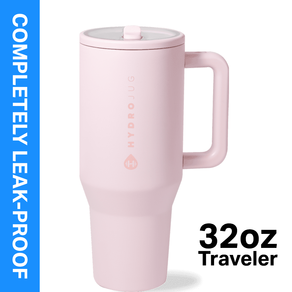 HydroJug Traveler 32 oz Water Bottle, Stainless Steel Insulated Tumbler with Flip Straw and Handle - Pink Sand