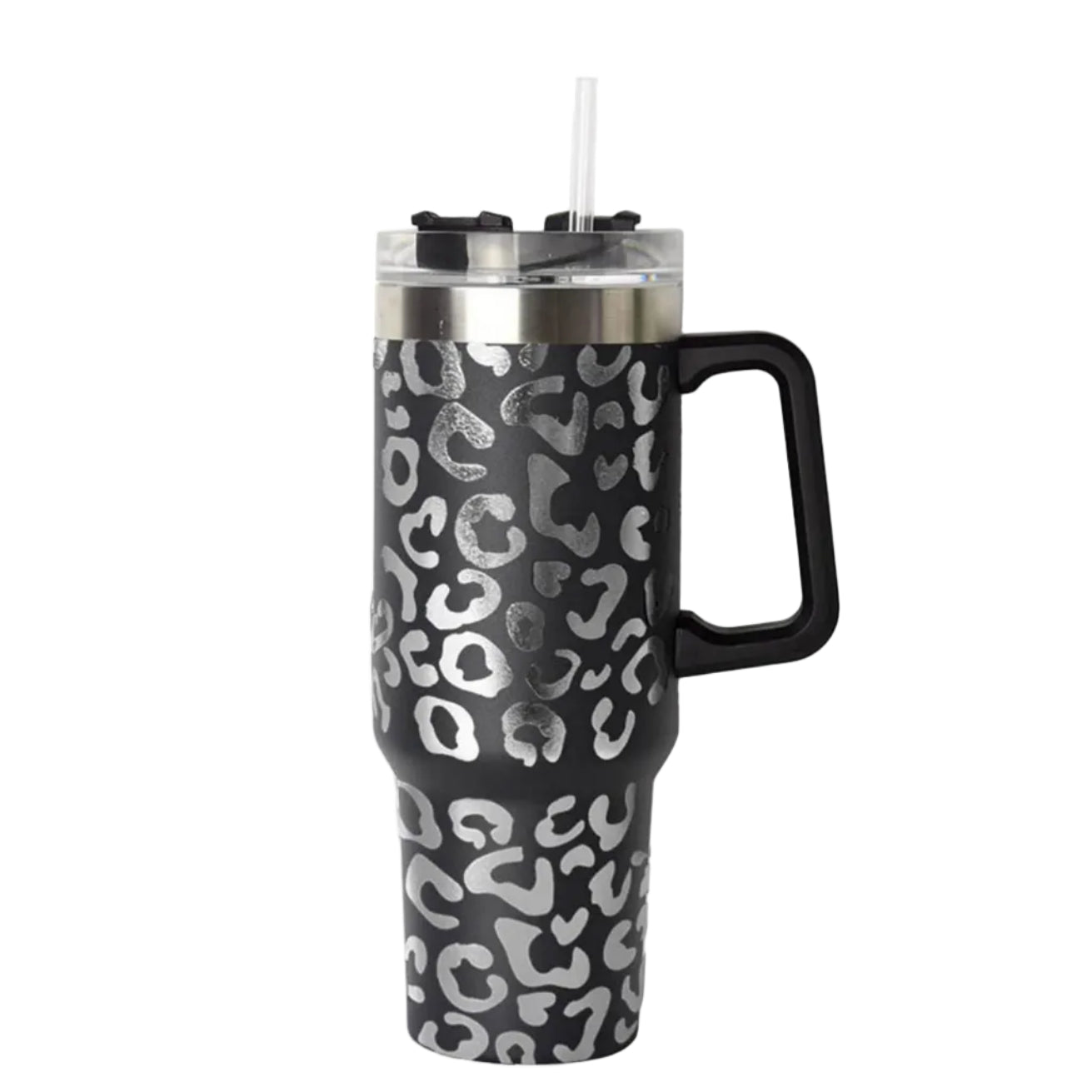 Lashicorn 40 Oz. Tumbler with Handle and Straw Black Leopard Silver 10 tall Cup lid included Insulated Stainless Steel Vacuum Travel Mug Boutique Cheetah Print