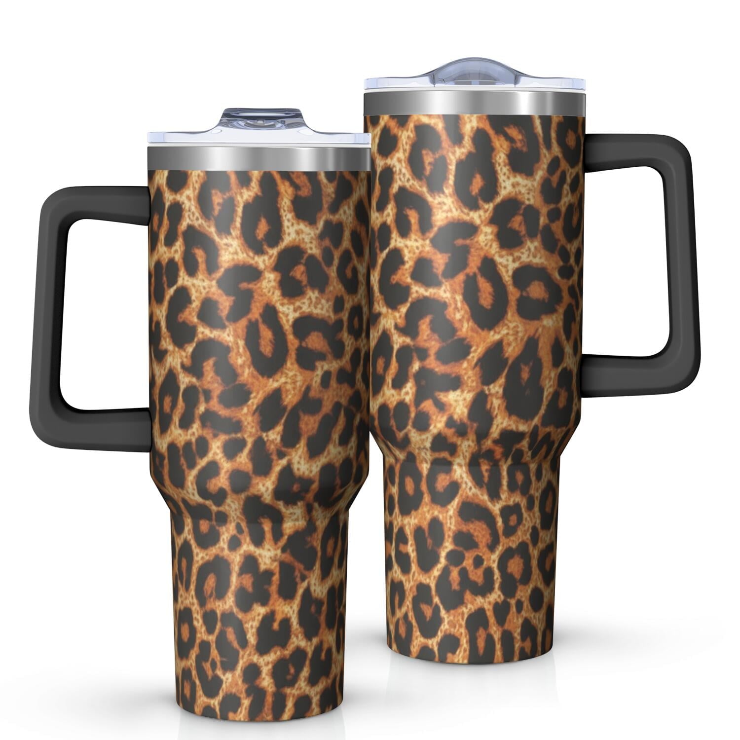 Leopard Print 40oz Tumbler with Handle and Straw, Large Capacity Travel Cup for Hot & Cold Drinks, Double Walled Vacuum Insulated Cup,Birthday Gifts for Women Girls