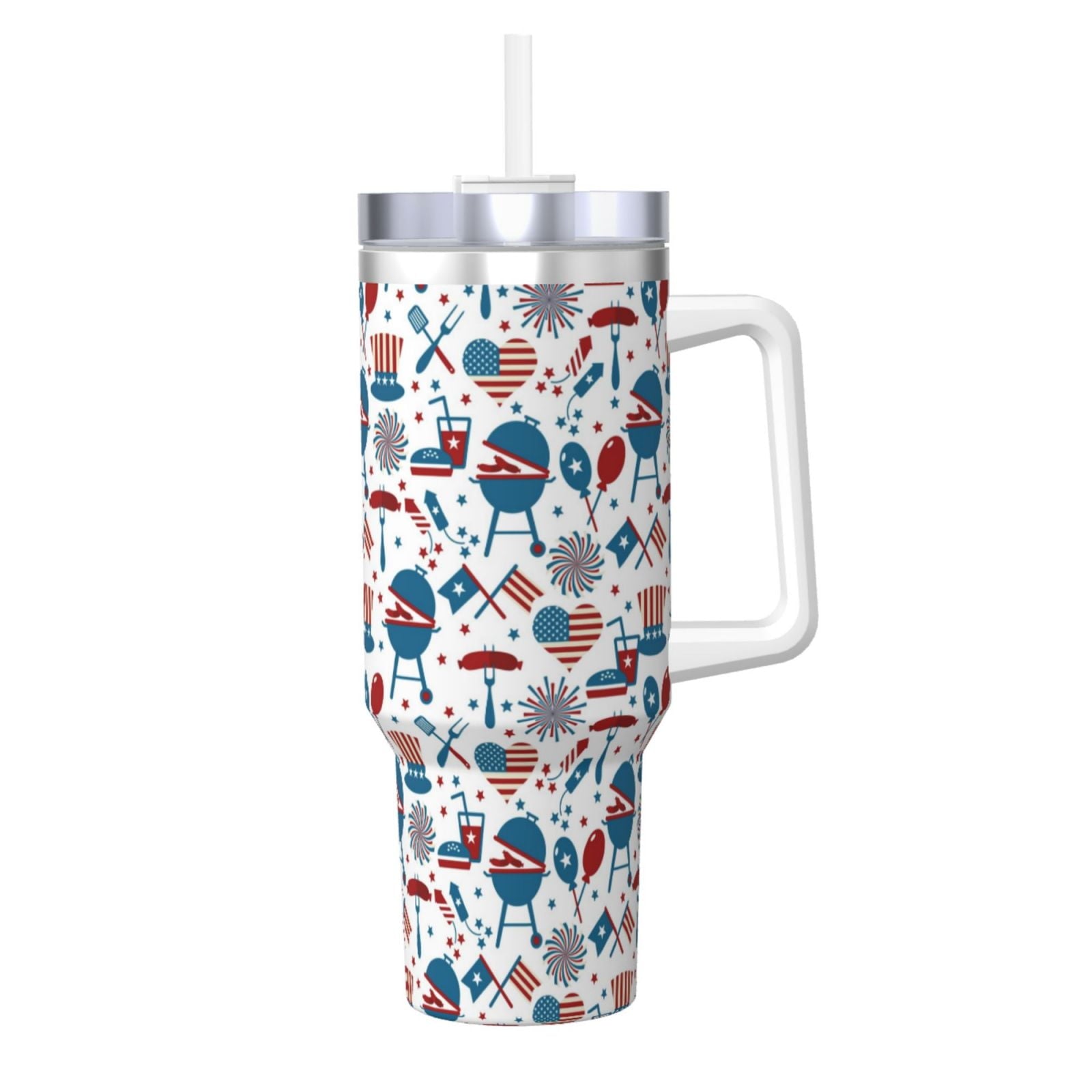 Logiee Fourth Of July Party Print 40OZ Ice Bully Cup with Handle and Straw, Double Wall Stainless Steel Tumbler,Travel Coffee Cup with Lid, Summer Insulation and Cooling Cup