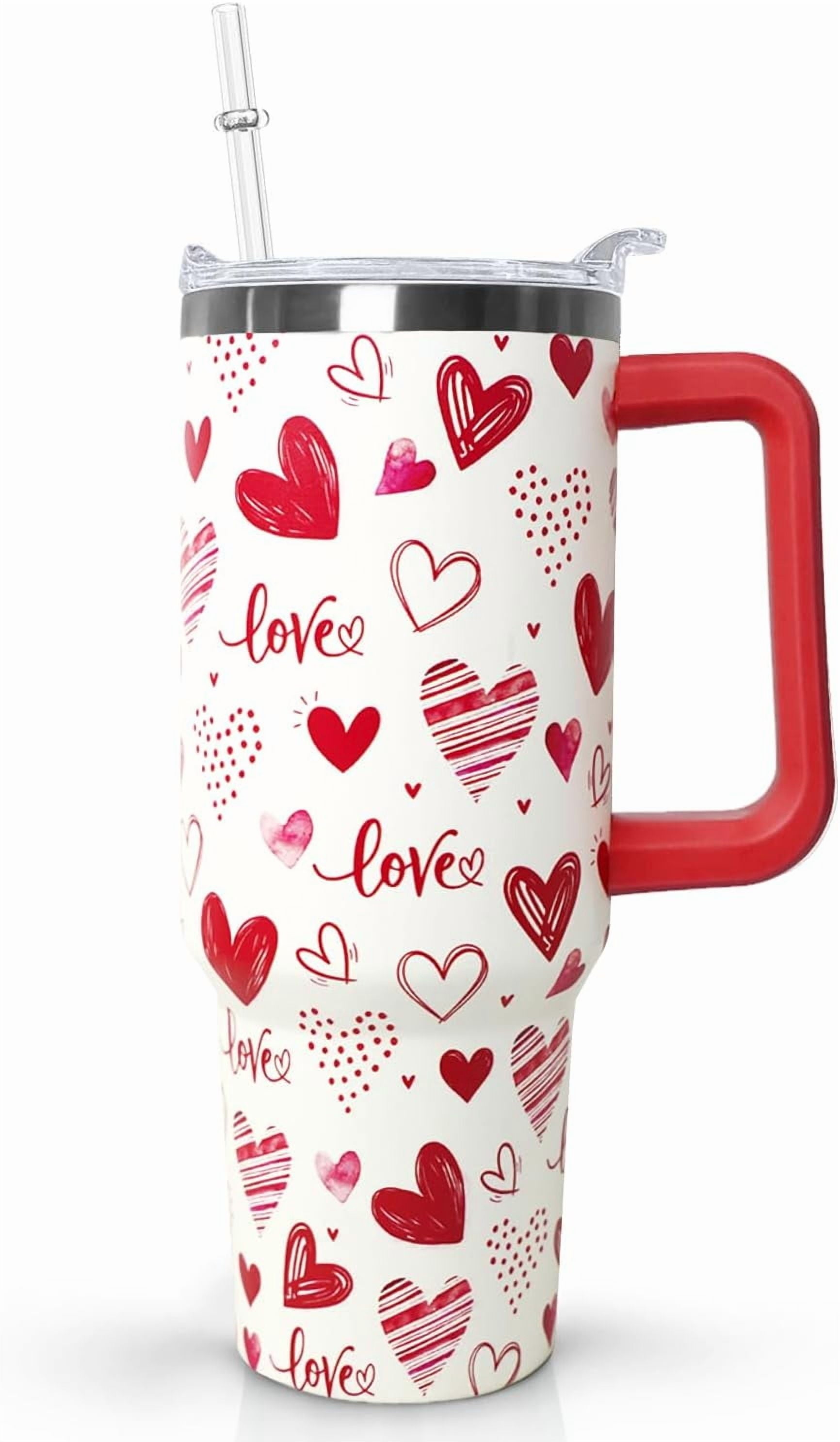 Love Tumbler 40 Oz Valentine Heart Tumbler With Handle,Valentine''s Day Coffee Travel Mug Cup Water Bottle,Heart Decor,Valentine''s Gifts for Wife Girlfriend Bride