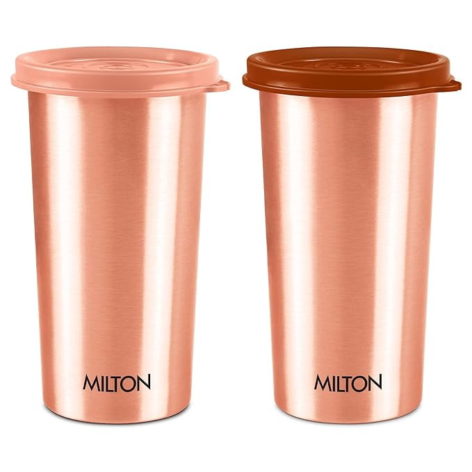 MILTON Copper Drinking Water Tumbler with Lid, Set of 2, 480 ml Each, Copper