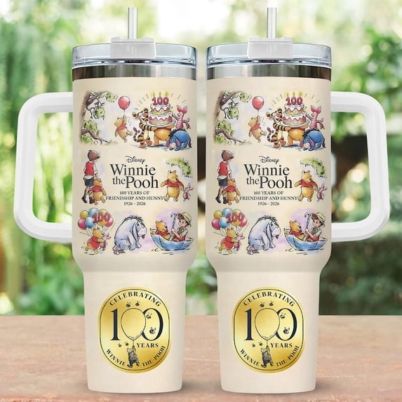 Pooh 100th Anniversary 40oz Tumbler with Handle, 100 Years of Friendship Centennial Travel Mug, Large Insulated Stainless Steel Cup, Classic Vintage Character Gift, 40oz Water Bottle with Straw