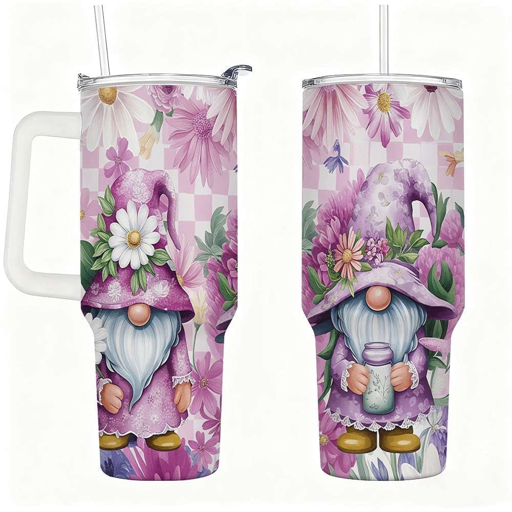 Purple Floral Gnome Stainless Steel Tumbler with Handle and Straw, Insulated Travel Mug for Women, Cute Spring Flower Cup Gift