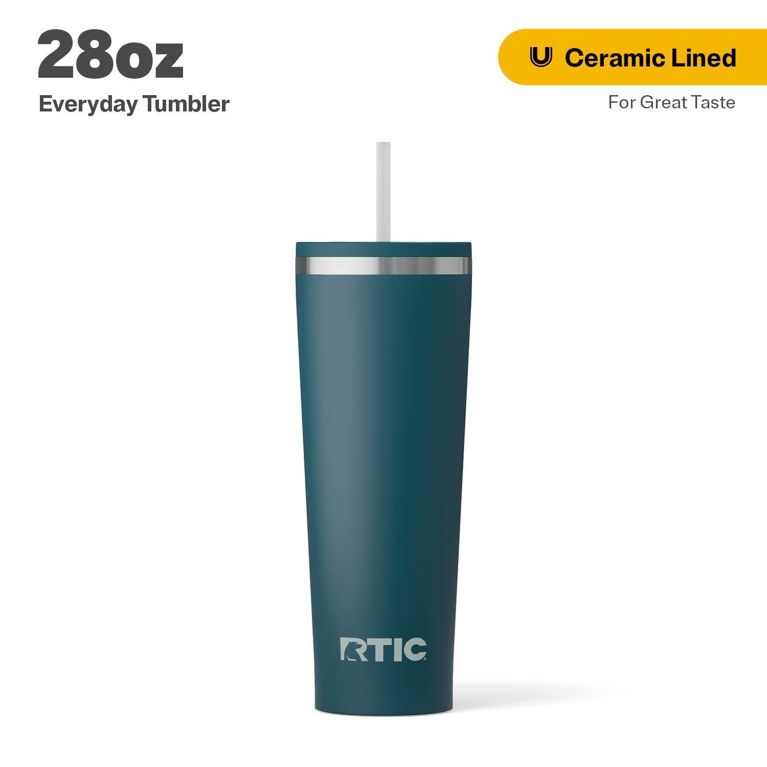 RTIC 28 oz Ceramic Lined Everyday Tumbler, Spill-Resistant Straw Lid, Marine
