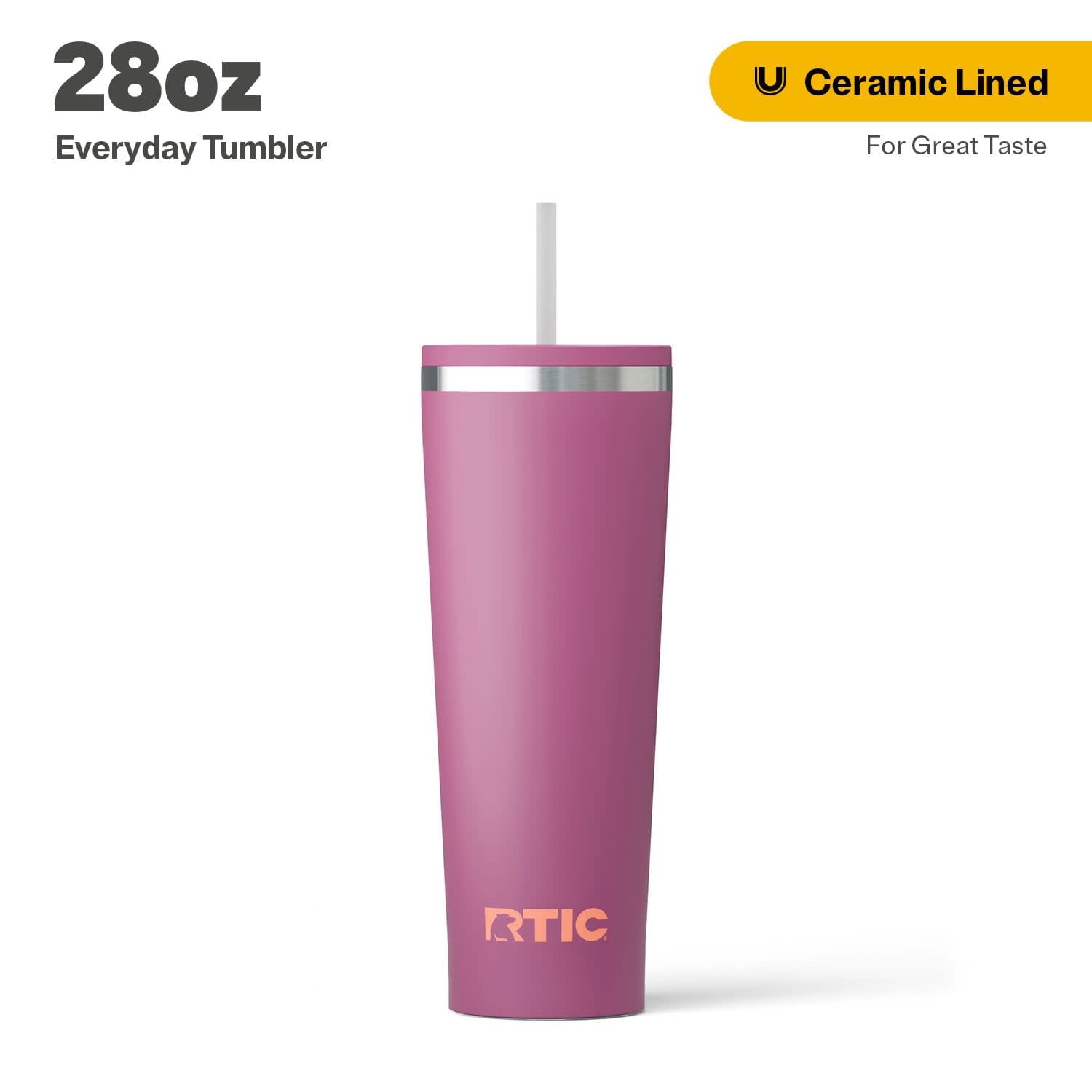 RTIC 28 oz Ceramic Lined Everyday Tumbler, Spill-Resistant Straw Lid, Plum - Insulated Travel Tumbler Cup