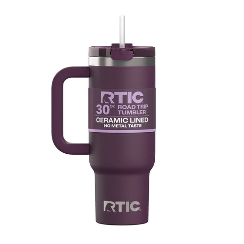RTIC 30 oz Ceramic Lined Road Trip Tumbler with Handle and Leak-Resistant Straw Lid, Plum