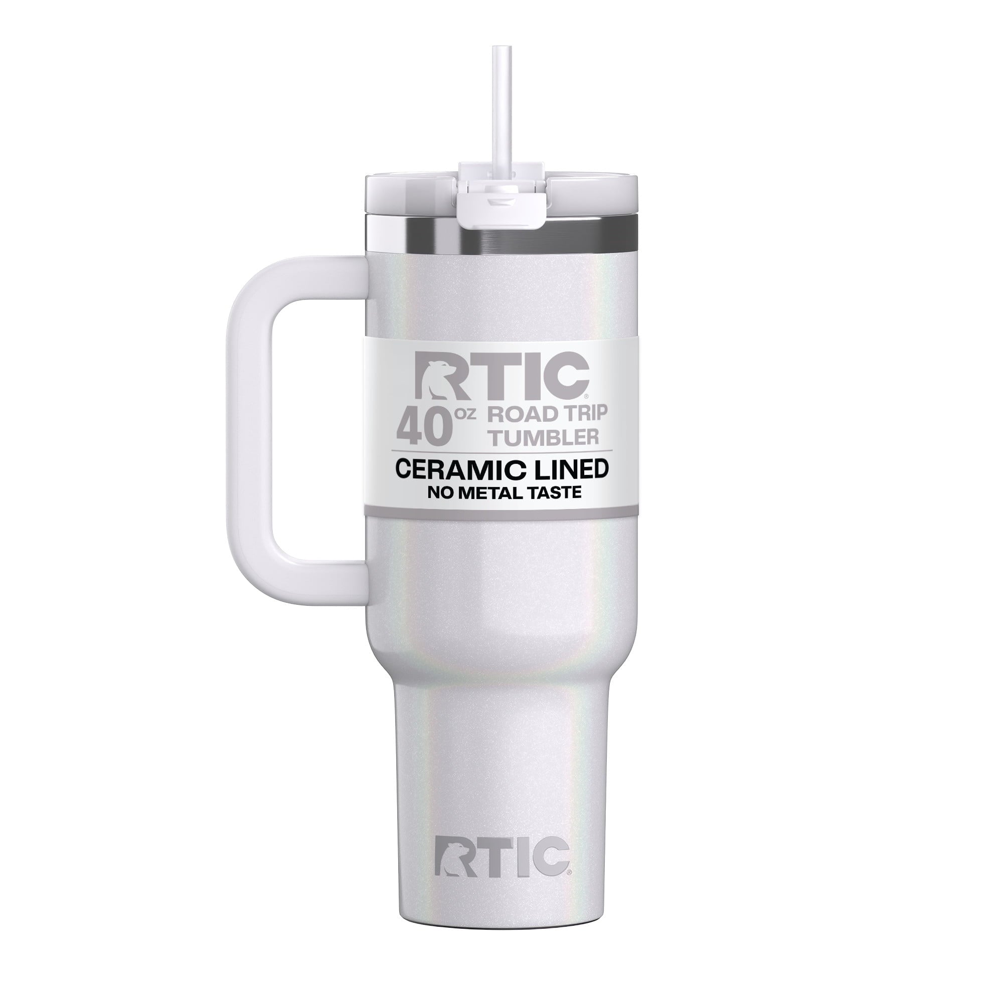 RTIC 40 oz Ceramic Lined Road Trip Tumbler with Handle and Leak-Resistant Straw Lid, White Glitter
