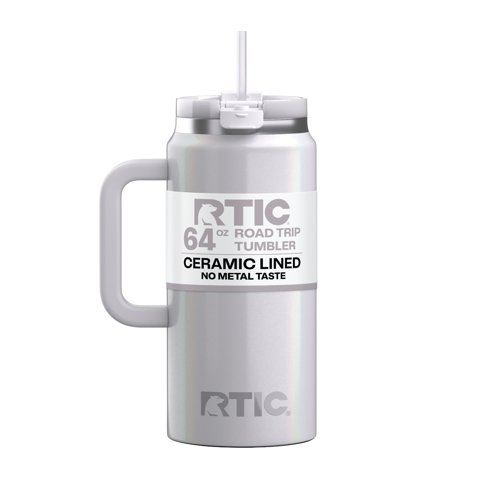RTIC 64 oz Ceramic Lined Road Trip Tumbler with Handle and Leak-Resistant Straw Lid, White Glitter