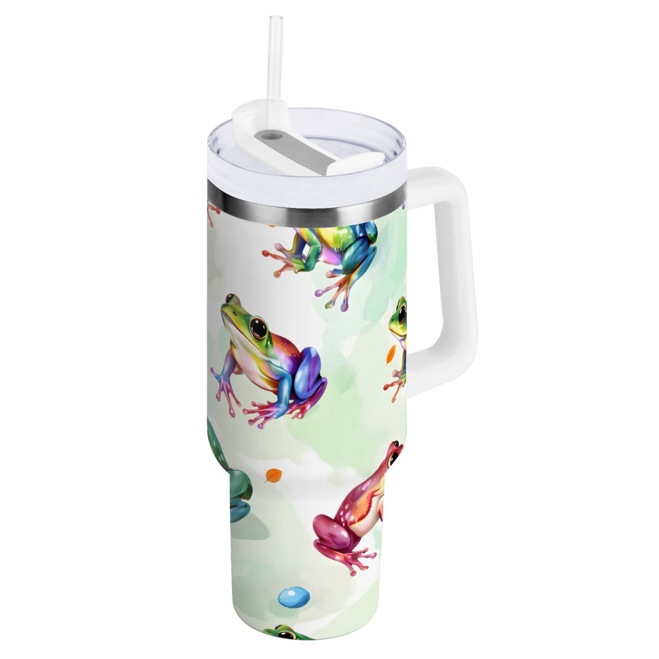 Ryvnso 40 oz Tumbler with Handle and Straw Cartoon Frogs Green Insulated Stainless Steel Travel Mug with Lid
