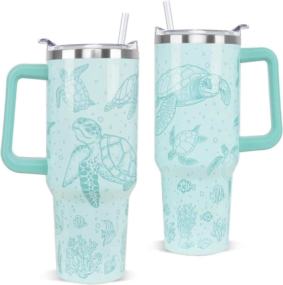 Sea Turtle Tumbler with Handle and Straw 40 oz Turtle Cup Hawaiian Ocean Turtles Coffee Travel Mug Stainless Steel Insulated Water Bottle Sea Turtles Stuff Decor Gifts for Women