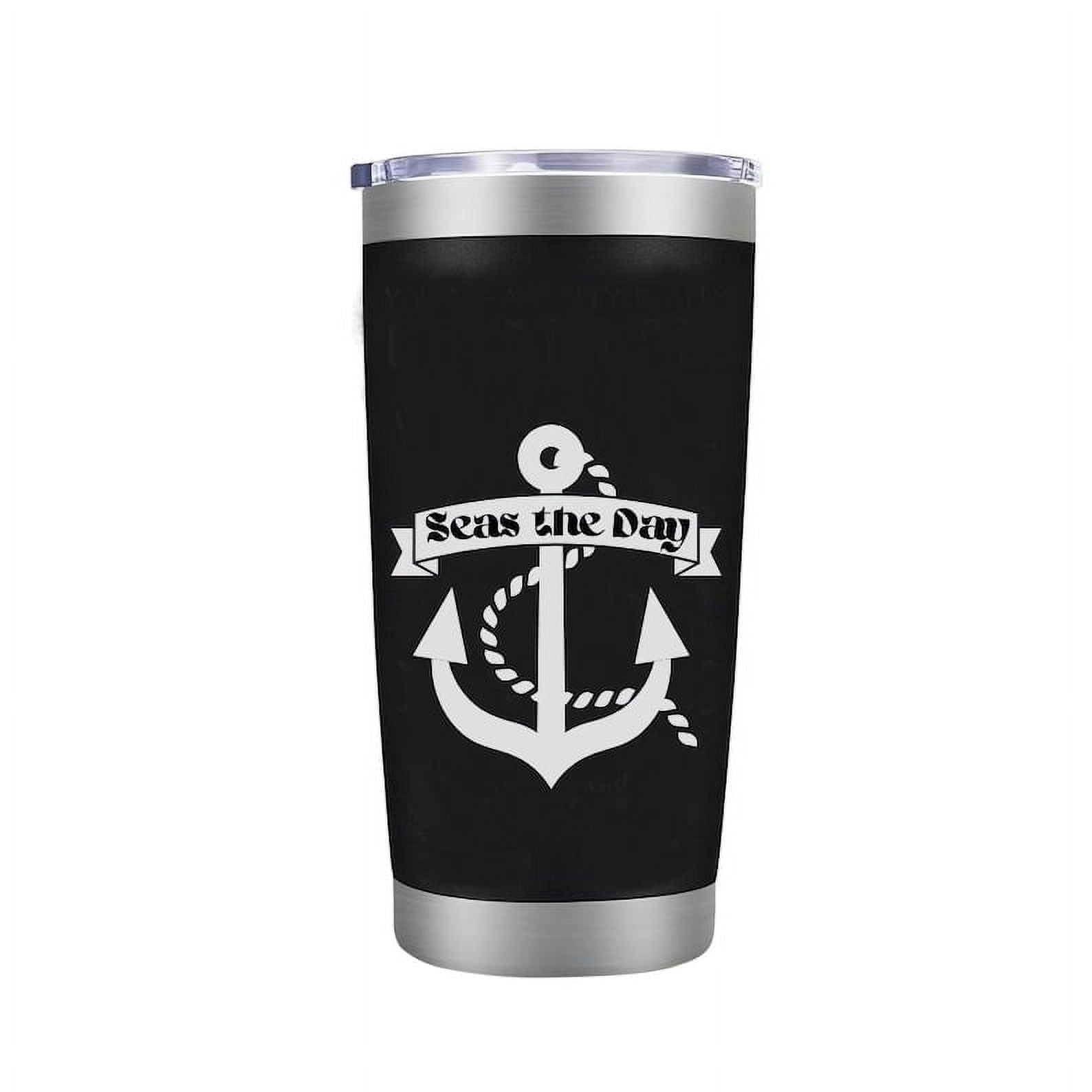 Seas the Day - 20 oz - Cute Funny Nautical Themed Birthday Gift for Ocean Lovers & Sailors - Insulated Coffee Tumbler Cup with Sliding Lid