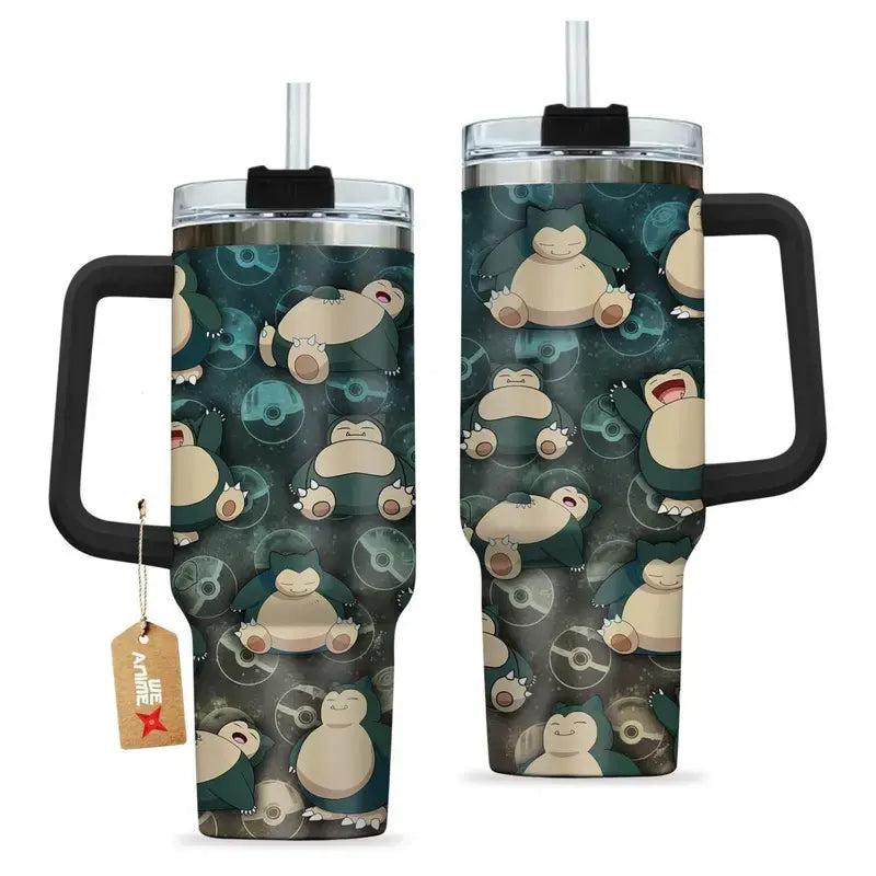 Snorlax 40oz Stainless Steel Tumbler with Handle – Cute Anime Gaming Drinkware, Double Wall Iced Coffee Cup for Fans