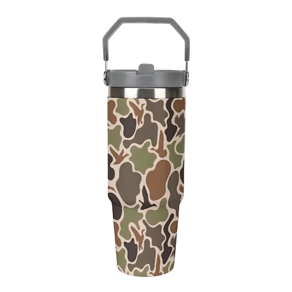 Stainless Steel Tumbler with Lid And Straw 30 Oz Top Handle Duck Hunting Camo Leakproof Vacuum Insulated Water Bottle for Car Travel