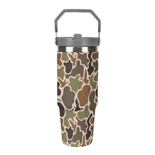 Stainless Steel Tumbler with Lid And Straw 30 Oz Top Handle Duck Hunting Camo Leakproof Vacuum Insulated Water Bottle for Car Travel
