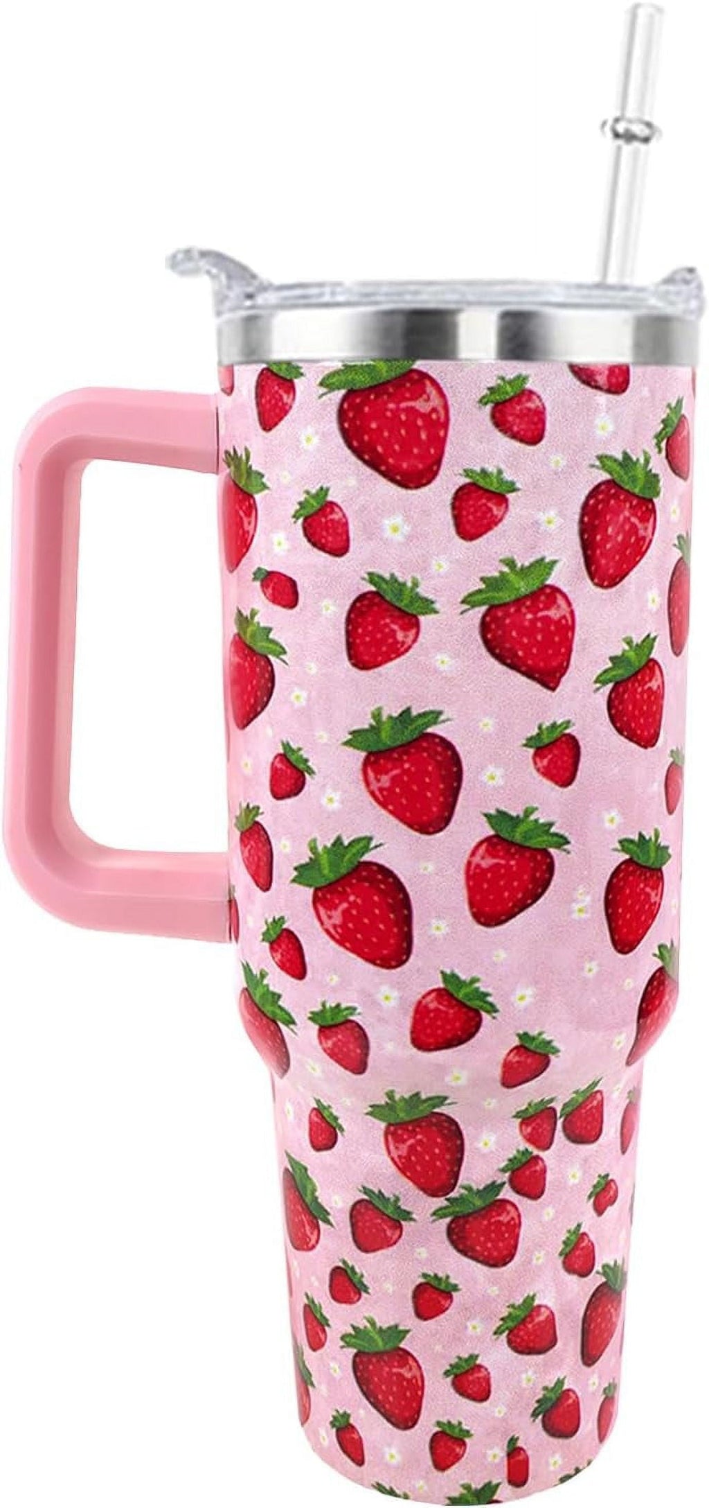 Strawberry Cup 40 OZ Tumbler with Handle and Straw Lid Leak Proof - Strawberry Travel Coffee Mug with Handle Insulated for Hot Cold Ice - Birthday Gifts for Women Stainless Steel Cup