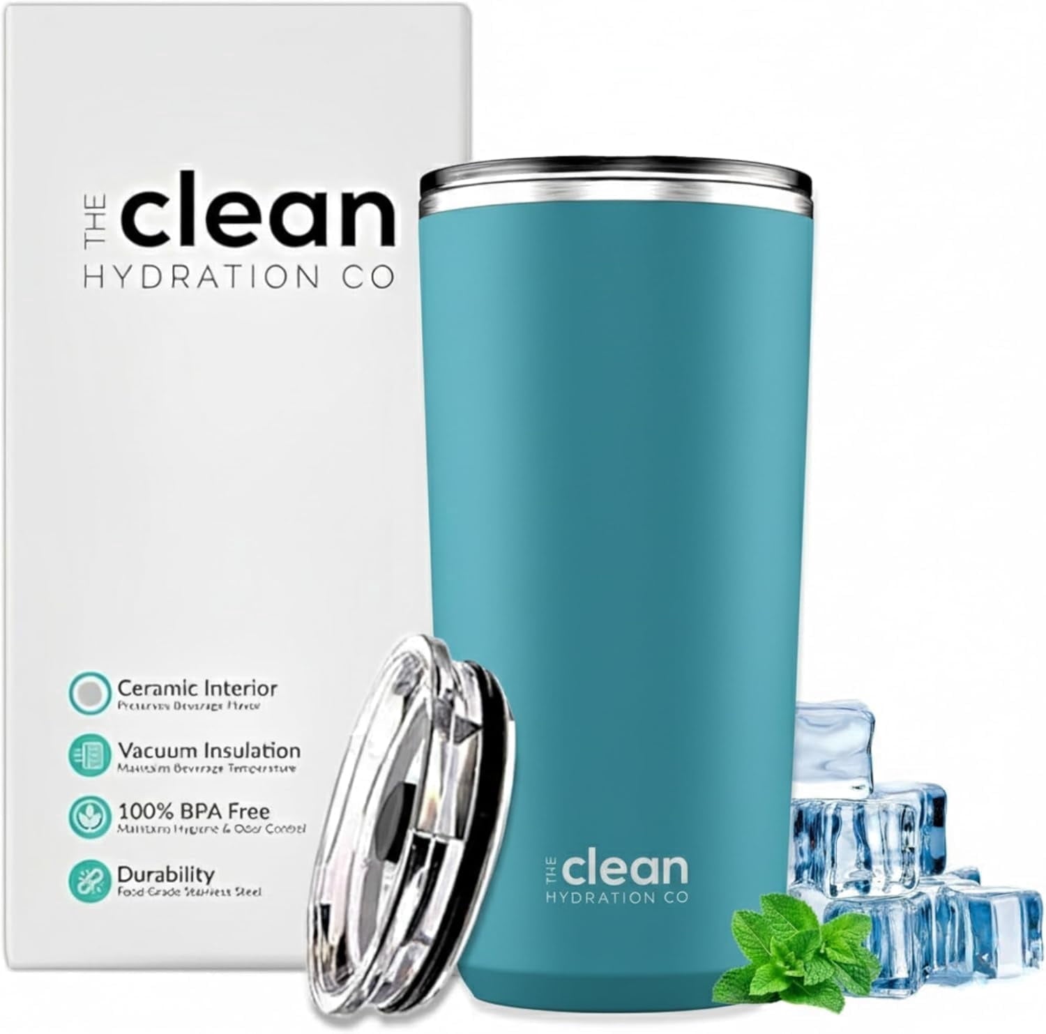 The Clean Hydration 20 oz Insulated Stainless Steel Travel Mug with Ceramic Inner Coating and No Metal Taste - Aqua