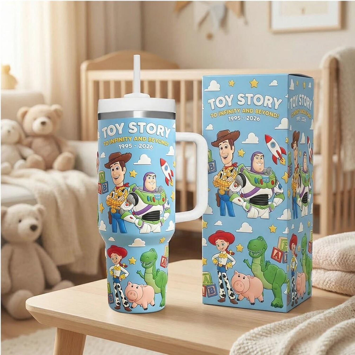 Toy Adventure Anniversary 40oz Tumbler with Handle, Cowboy Toy and Space Ranger Travel Cup, Fairytale Infinity and Beyond Gift For Fan
