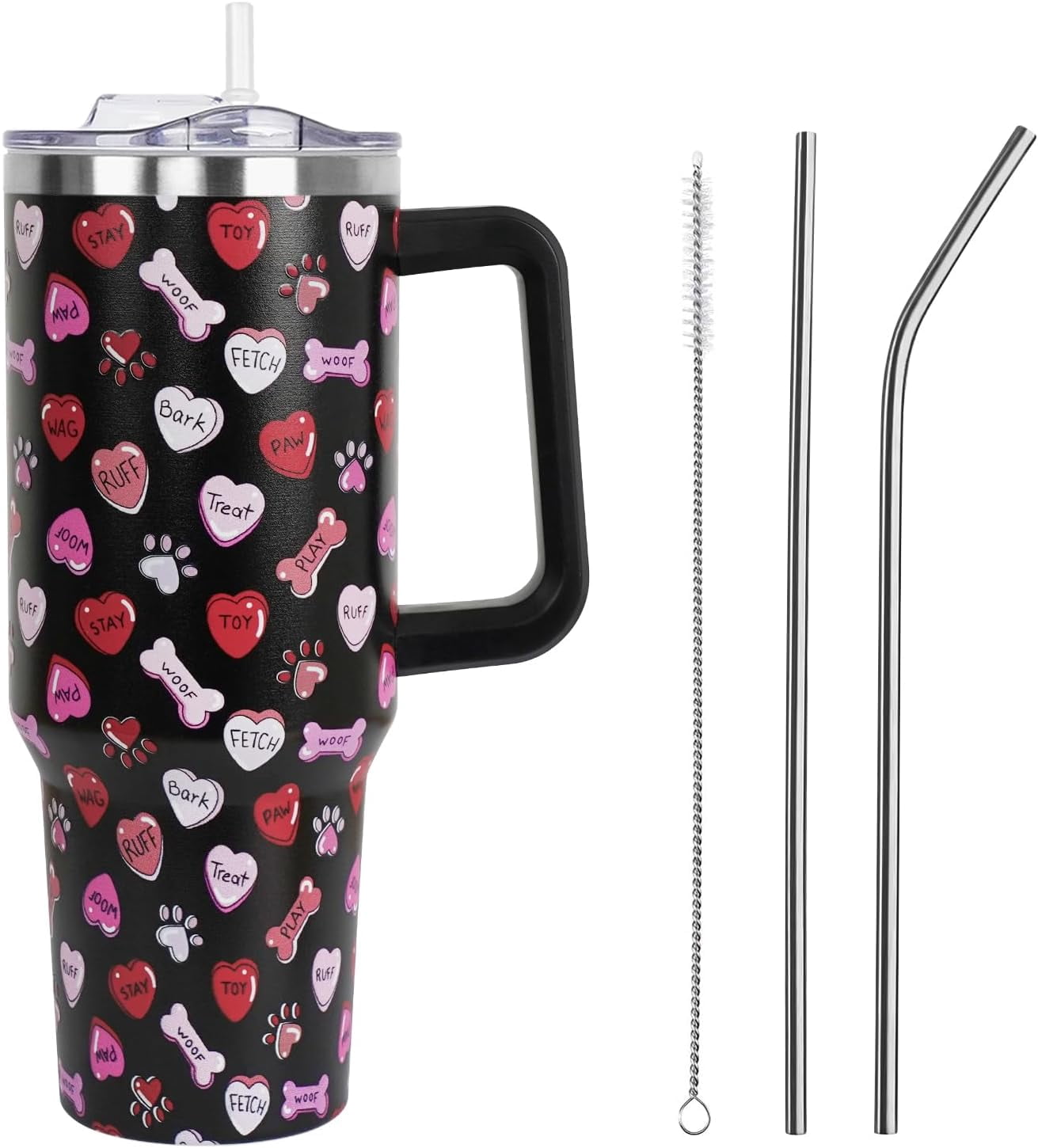 Valentines Day Gifts 40 oz Tumbler with Handle and Straw Lid,Valentine''s Day Gift for Her Women Girlfriend Wife Dog Bones and Candy Hearts Vacuum Insulated Leak Proof Stainless Steel Coffee Cup Mug