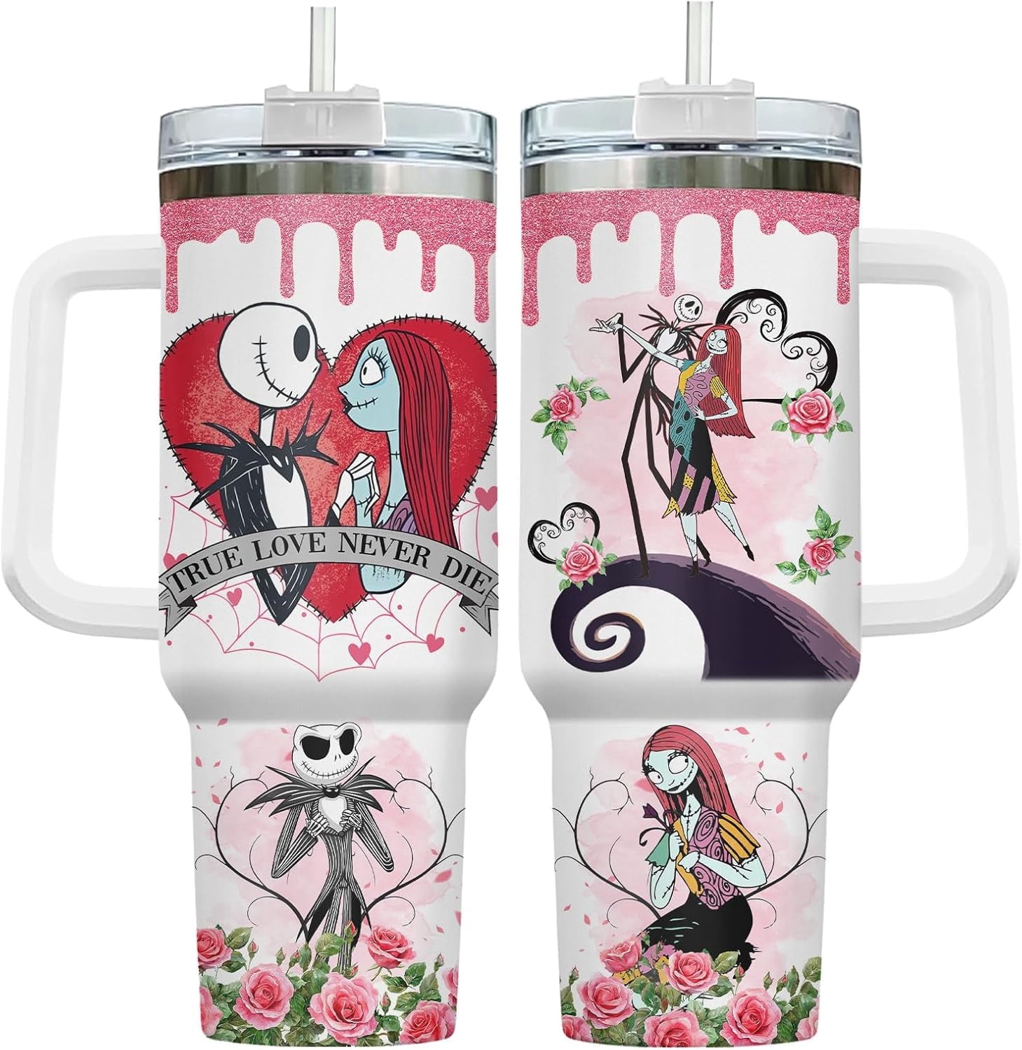 Valentines Day Gifts for Him Her, Jack Skeleton 40 Oz Tumbler with Handle, Horror Valentines Cup, Nightmare Before Characters Mug, Gifts for Movie Lovers