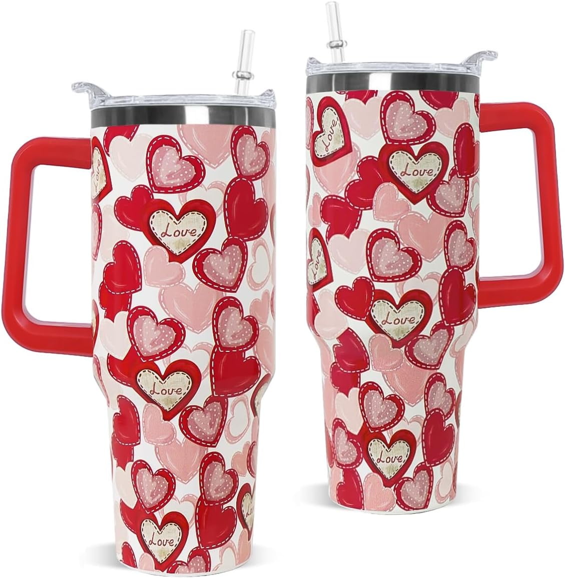 Valentines Tumbler with Handle 40 oz Red Love Hearts Coffee Travel Mug Stainless Steel Insulated Cup Valentines Anniversary Wedding Birthday Gifts for Women