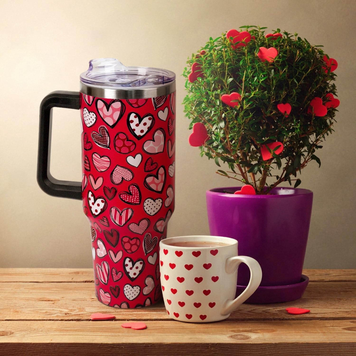 Valentines Day Gifts 40 oz Tumbler with Handle and Straw Lid,Cute Valentine''s Day Gift for Her Women Girlfriend Wife Red Love Hearts Vacuum Insulated Leak Proof Stainless Steel Coffee Cup Mug