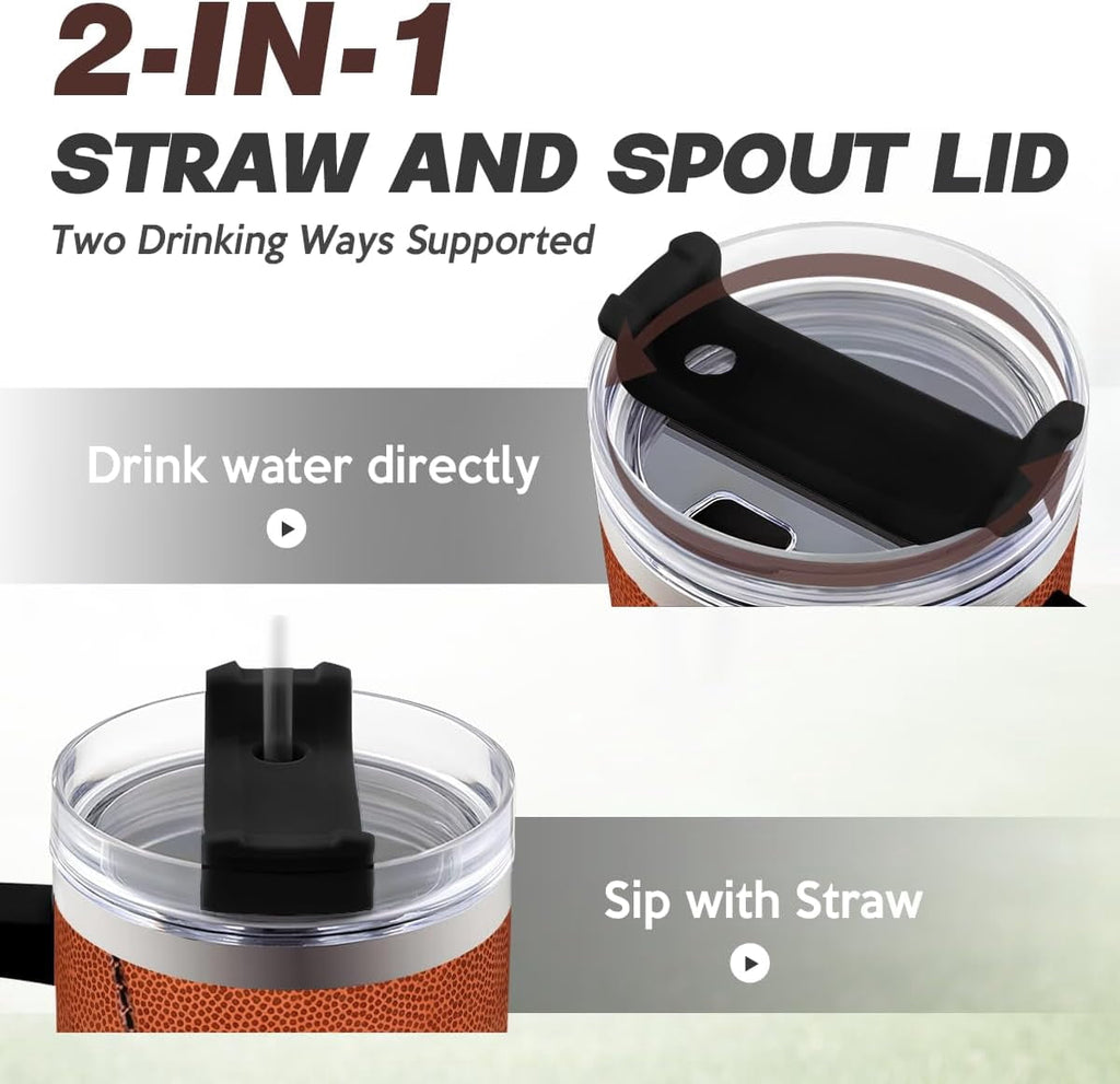 Football Tumbler with Handle 40oz Insulated Stainless Steel Cup with Lid & Straw, Travel Cup, Gifts for Men, Boys, Players, Coaches, Sports Lovers, Christmas, Birthday