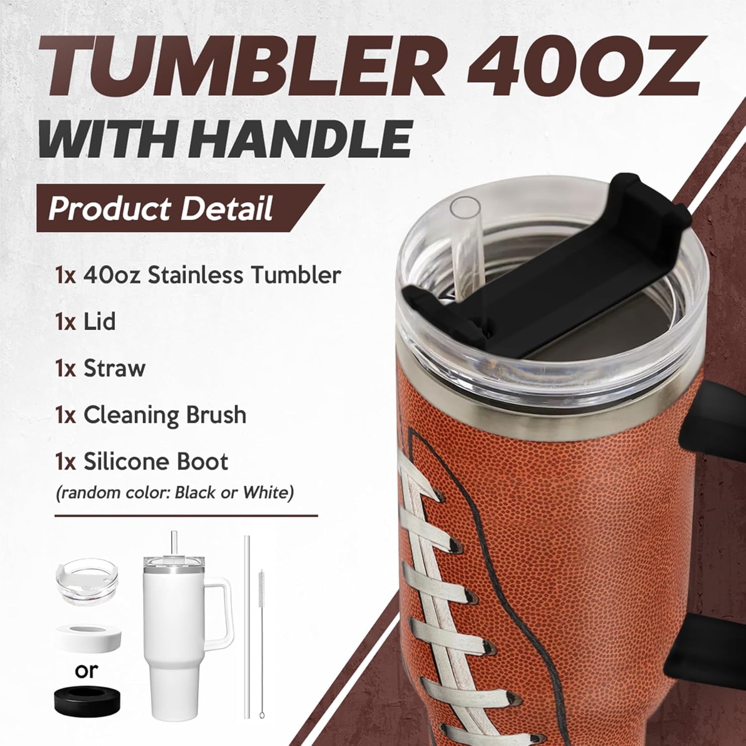 Football Tumbler with Handle 40oz Insulated Stainless Steel Cup with Lid & Straw, Travel Cup, Gifts for Men, Boys, Players, Coaches, Sports Lovers, Christmas, Birthday