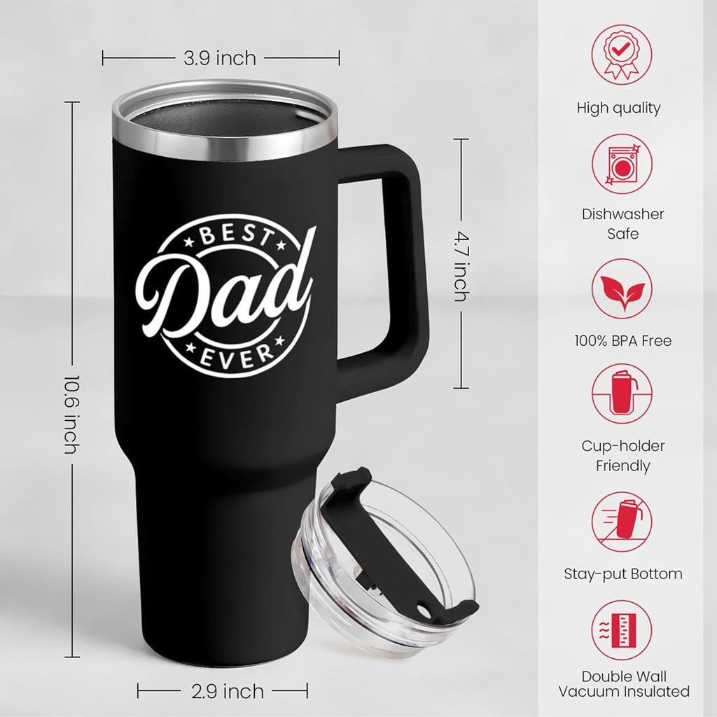 Best Dad Ever Tumbler with Handle 40oz Stainless Steel Insulated - Dad Gifts for Dad from Daughter Son - Coffee Tumbler for Dad Father''s Day Birthday Christmas Cup Gift Set with Lid & Straw