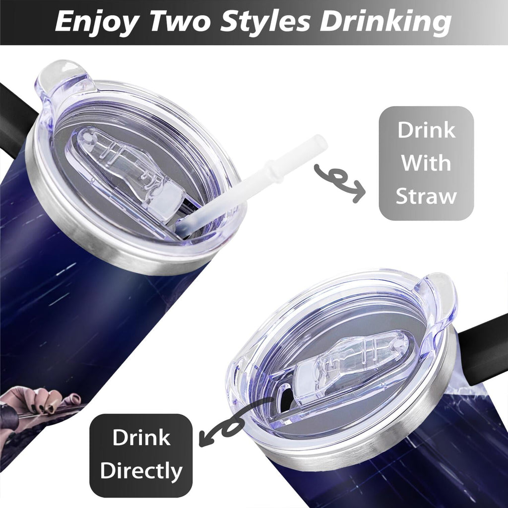 40oz Wednesday Girl Stainless Steel Tumbler with Lid and Straw,Wednesday Stuff Merchandise Spill Proof Travel Cup Double Wall Vacuum Insulated Coffee Mug with Handle Black