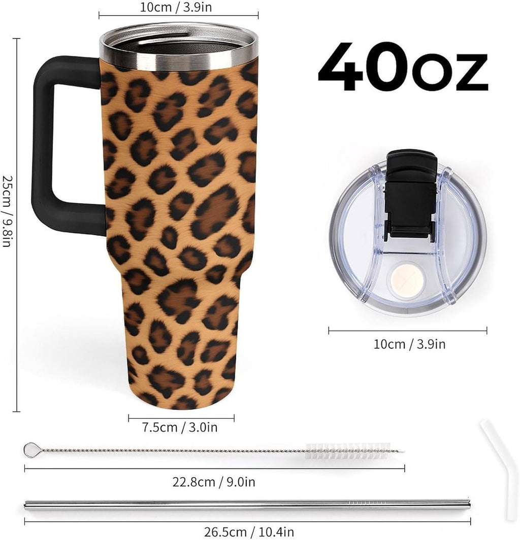 40oz Insulated Stainless Steel Tumbler with Handle, Abstract Brown Leopard Print Leakproof Water Bottles Travel Mug with Lid And Straw for Water, Iced Tea Or Coffee for Most Car Cup Holder