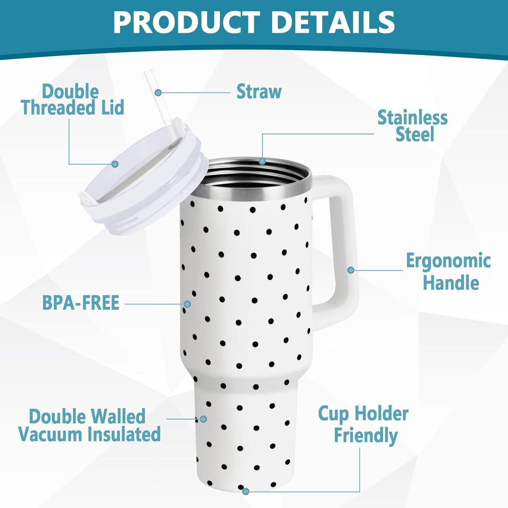 40 oz Tumbler with Handle Lid and Straw Insulated Water Tumbler Stainless Steel Water Cup Mug Bottle Reusable Cup Holder Friendly Polka Dot White