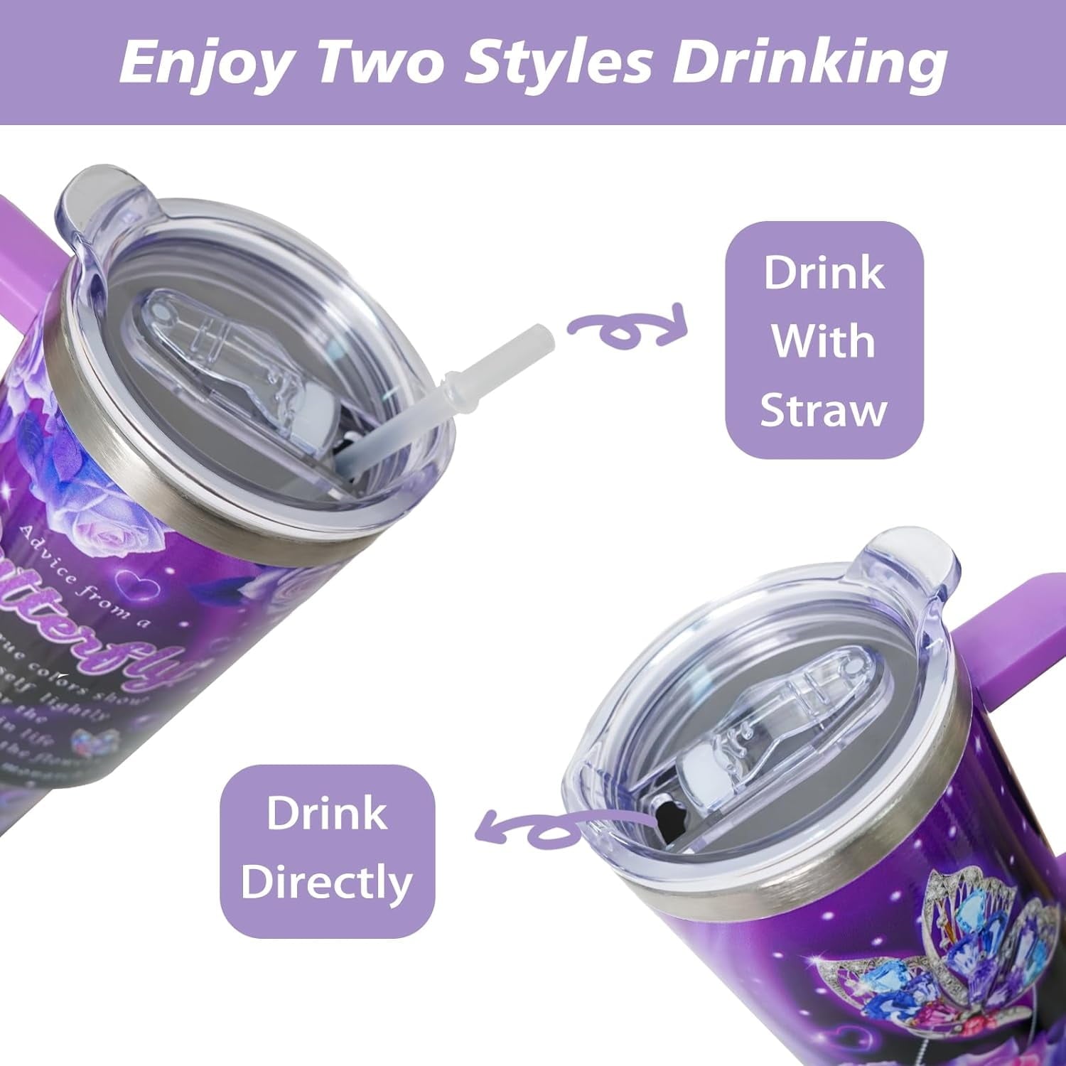 40 oz Tumbler with Handle and Straw Lid, Purple Butterfly Insulated Cup, Double Vacuum Leak Proof Coffee Travel Mug, Flower Stainless Steel Water Bottle Gifts for Women Girls