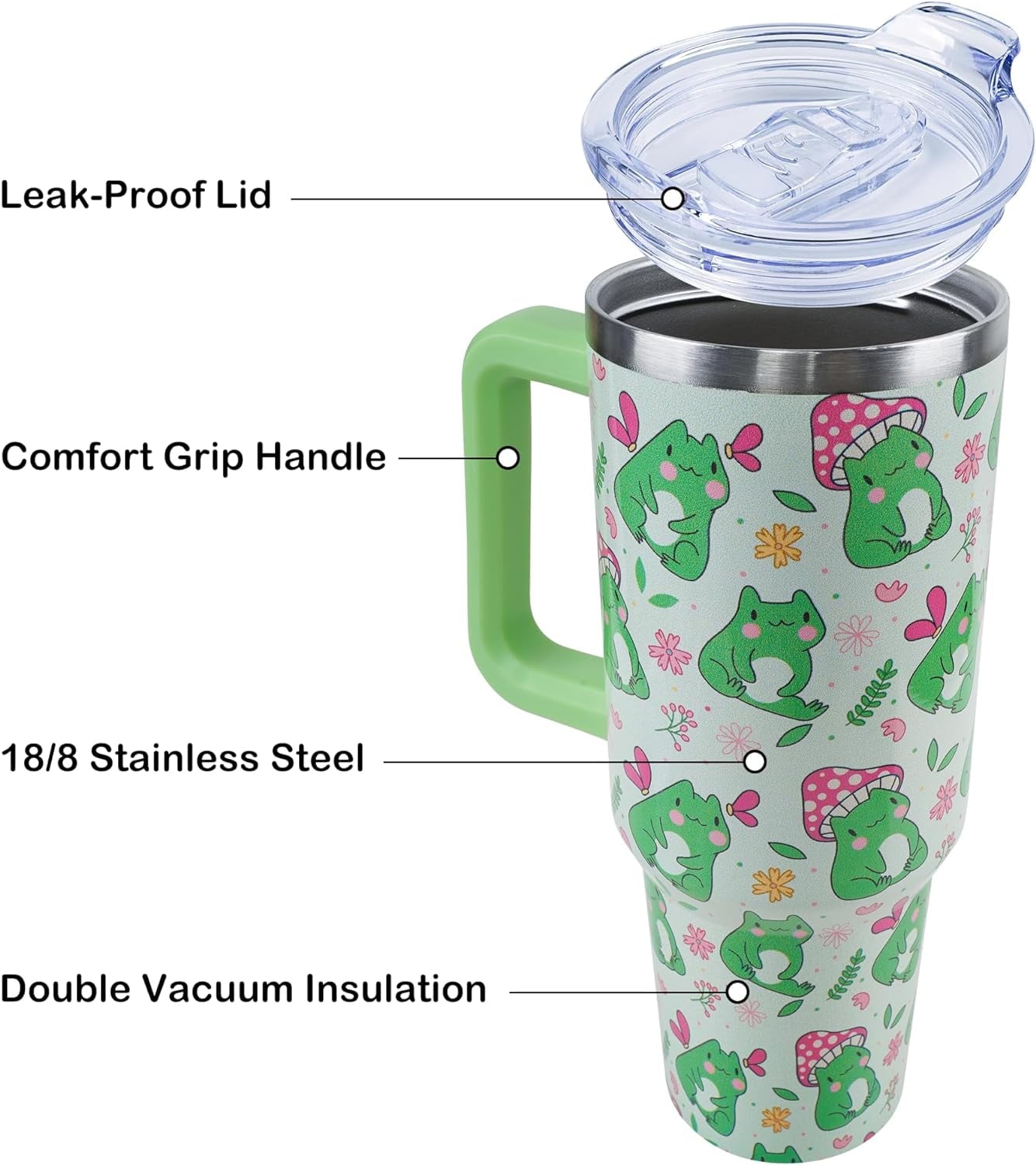 40 oz Frog Mushroom Tumbler with Handle and Straw, Travel Mug Water Bottle, Stainless Steel Insulated Cup with Lid and Straw, Birthday Christmas Gifts